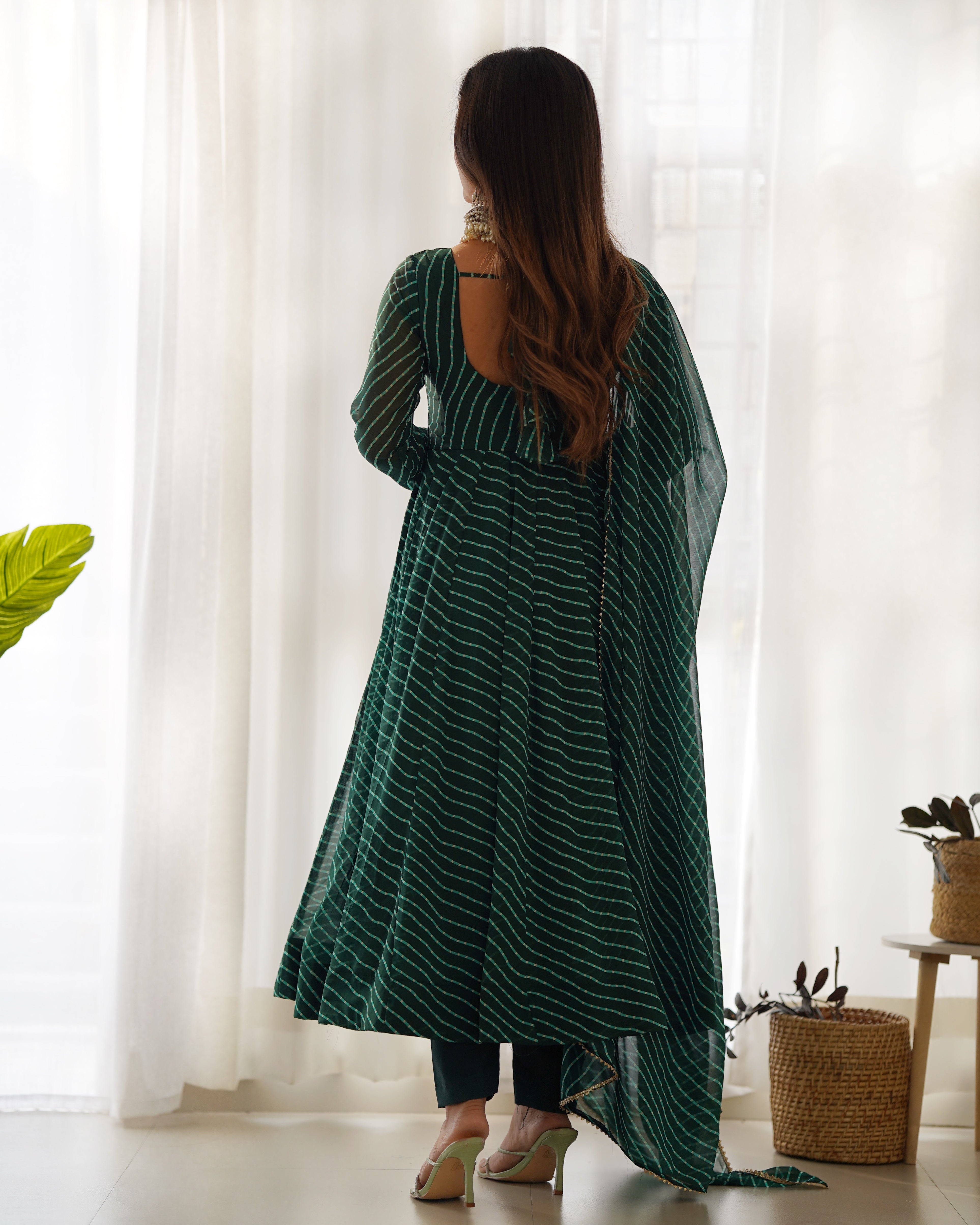 Emerald Green Laheriya Print Fox Georgette Anarkali Suit Set with Dupatta & Pant