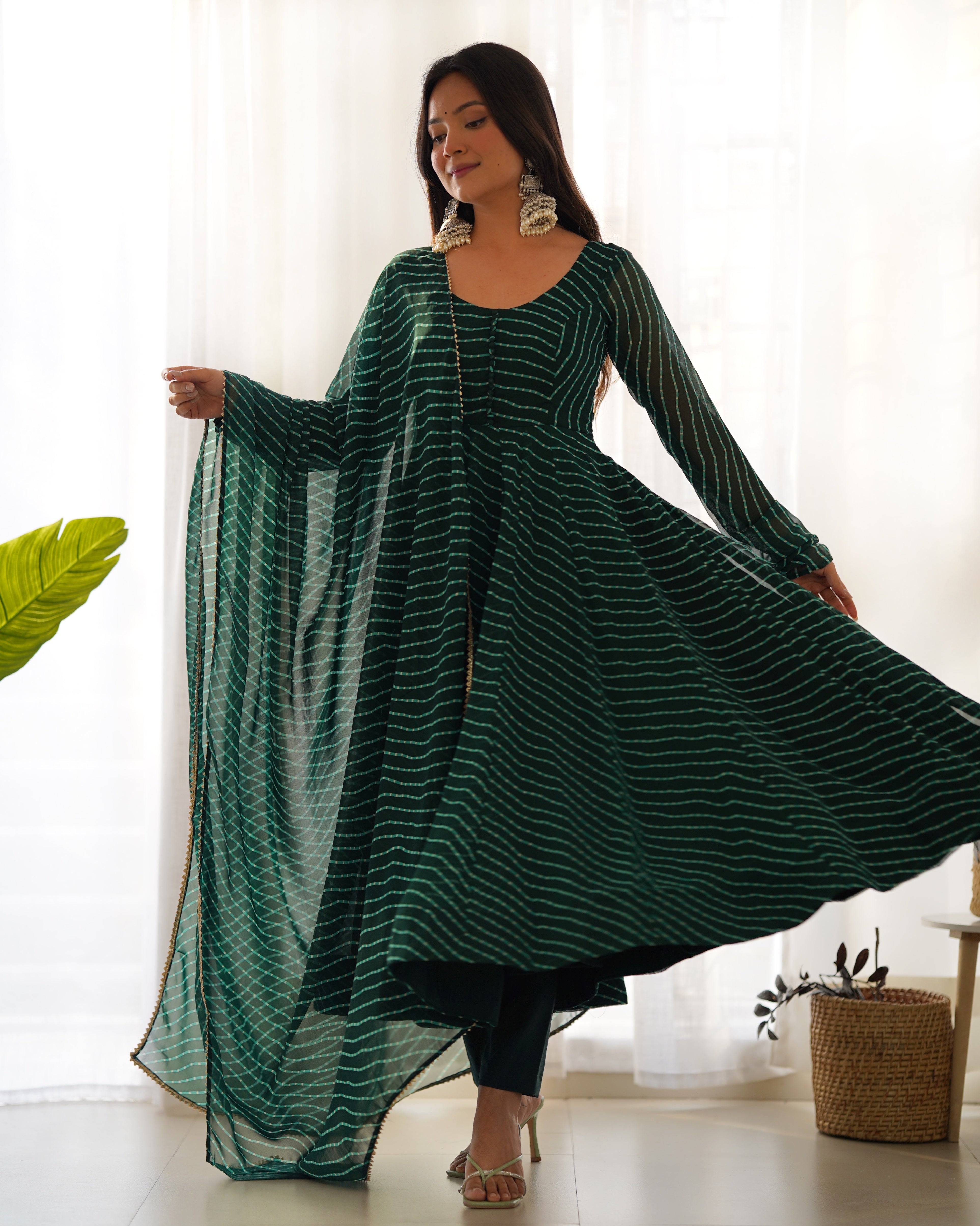 Emerald Green Laheriya Print Fox Georgette Anarkali Suit Set with Dupatta & Pant