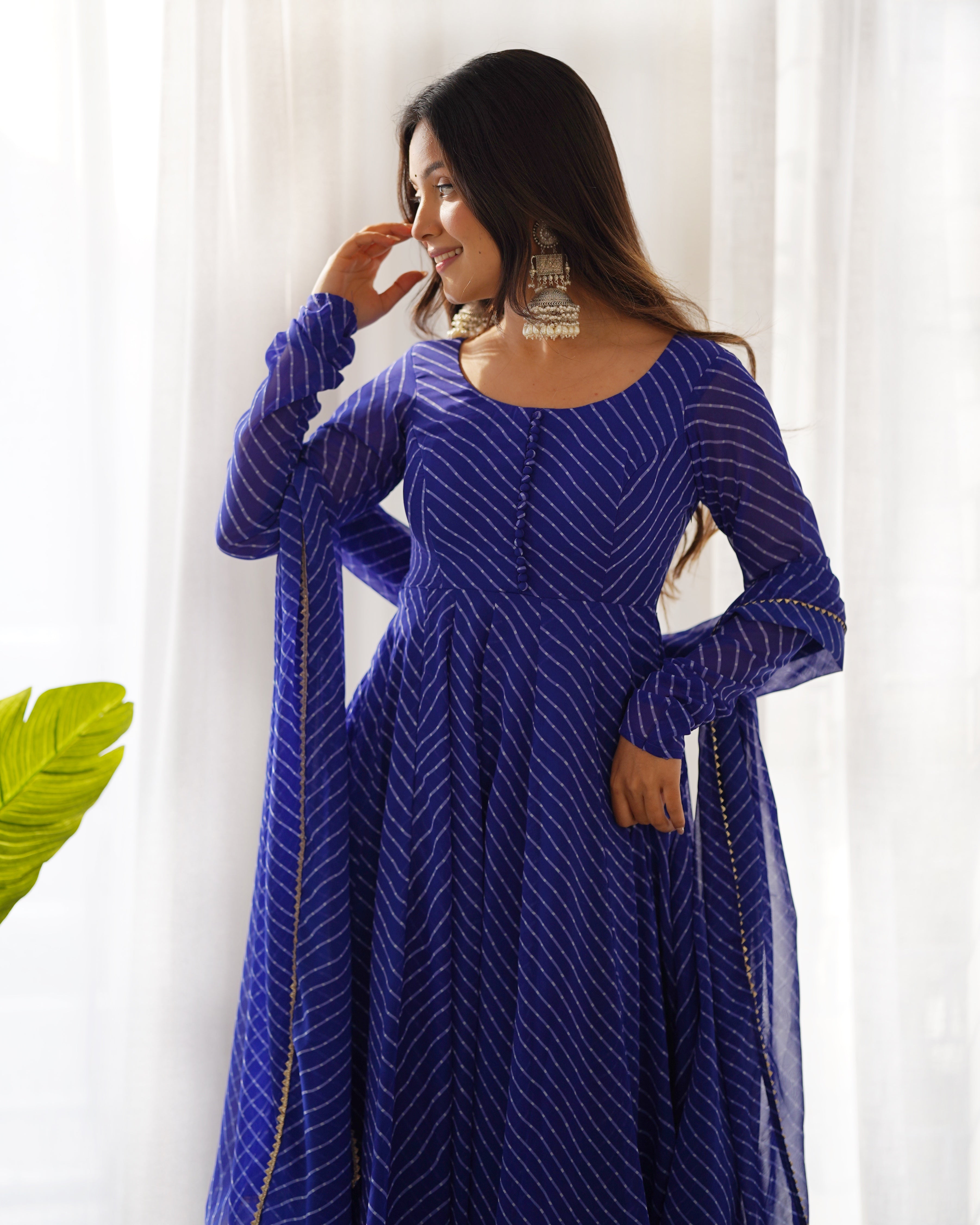 Royal Blue Laheriya Print Fox Georgette Anarkali Suit Set with Dupatta & Pant