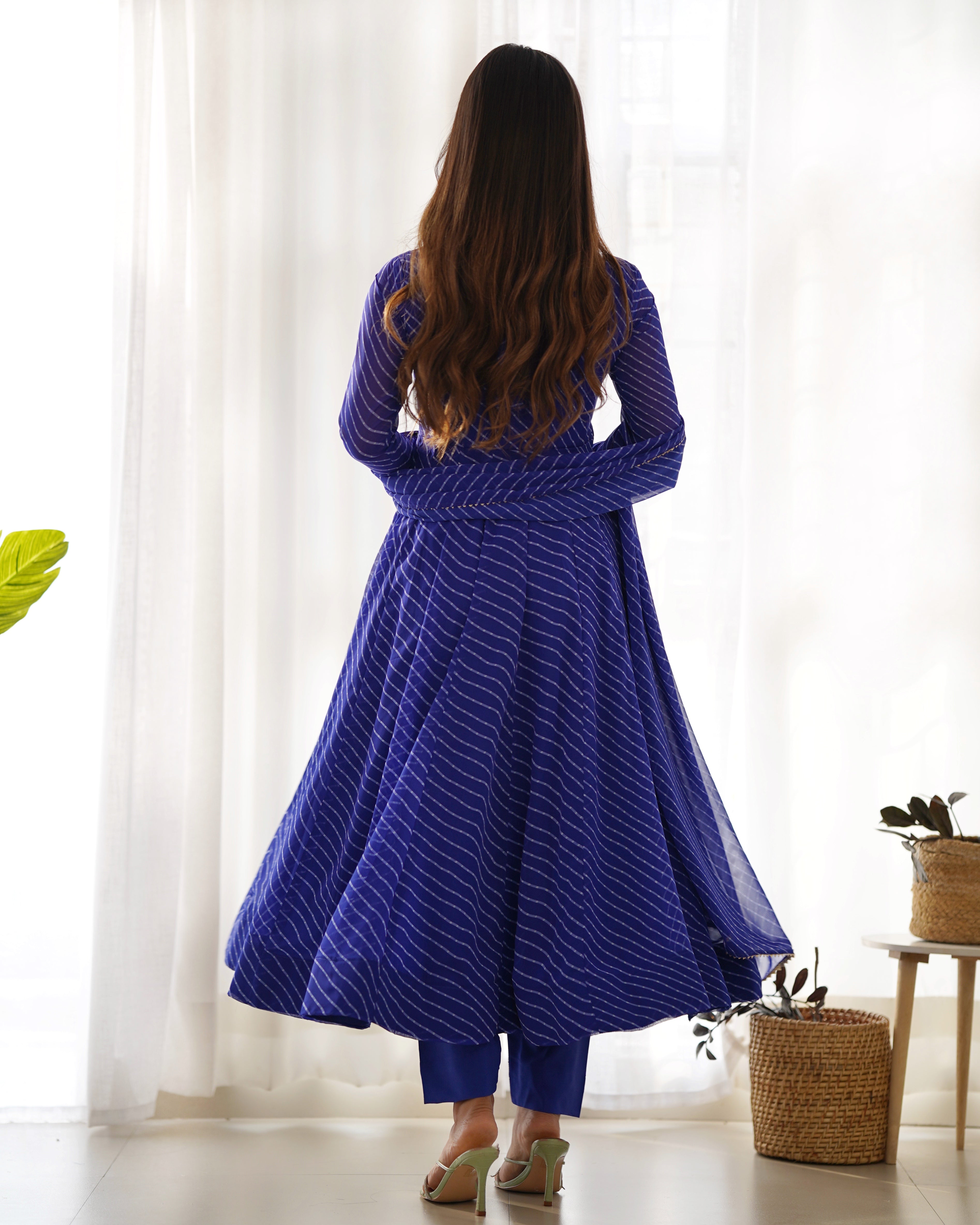 Royal Blue Laheriya Print Fox Georgette Anarkali Suit Set with Dupatta & Pant