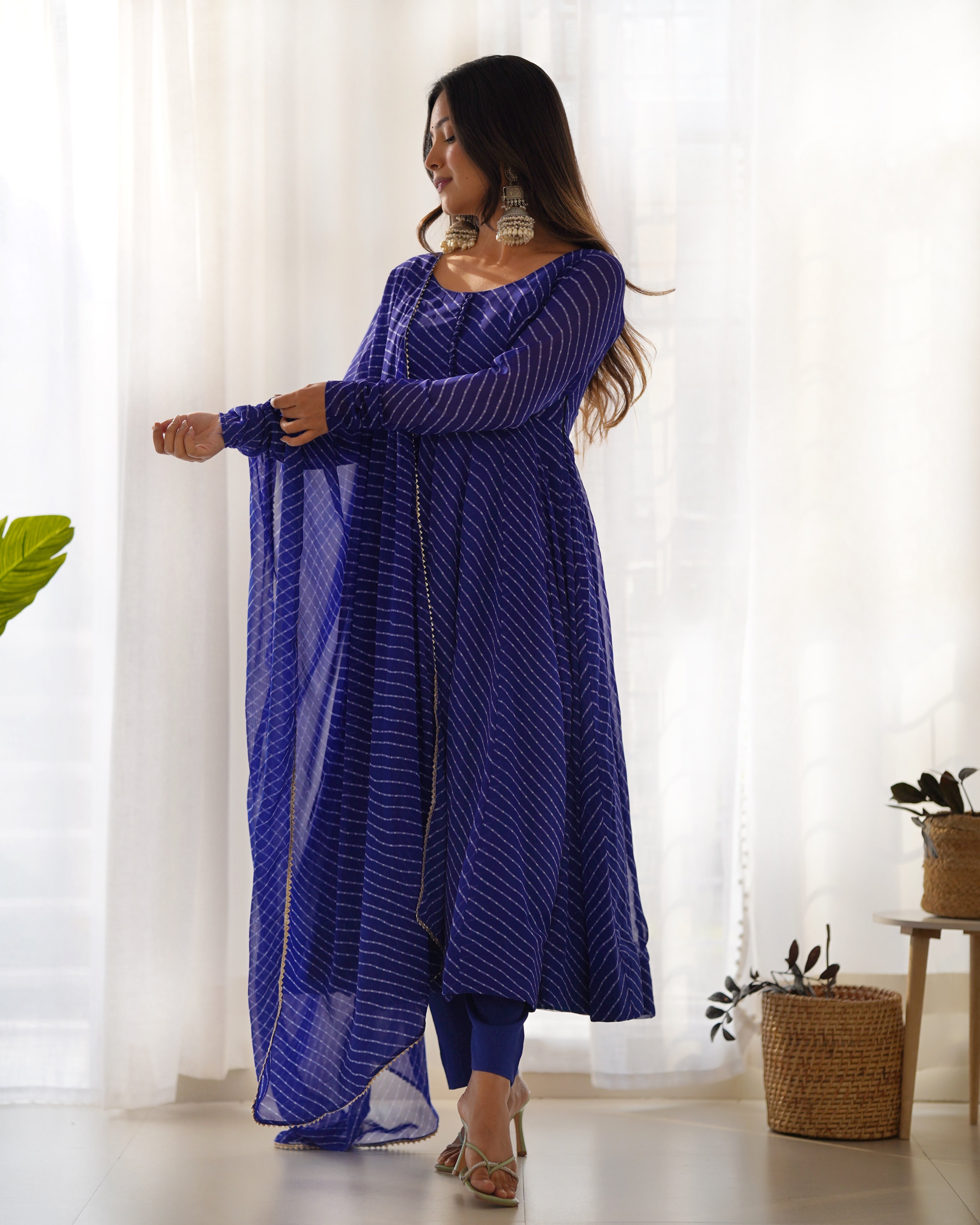 Royal Blue Laheriya Print Fox Georgette Anarkali Suit Set with Dupatta & Pant