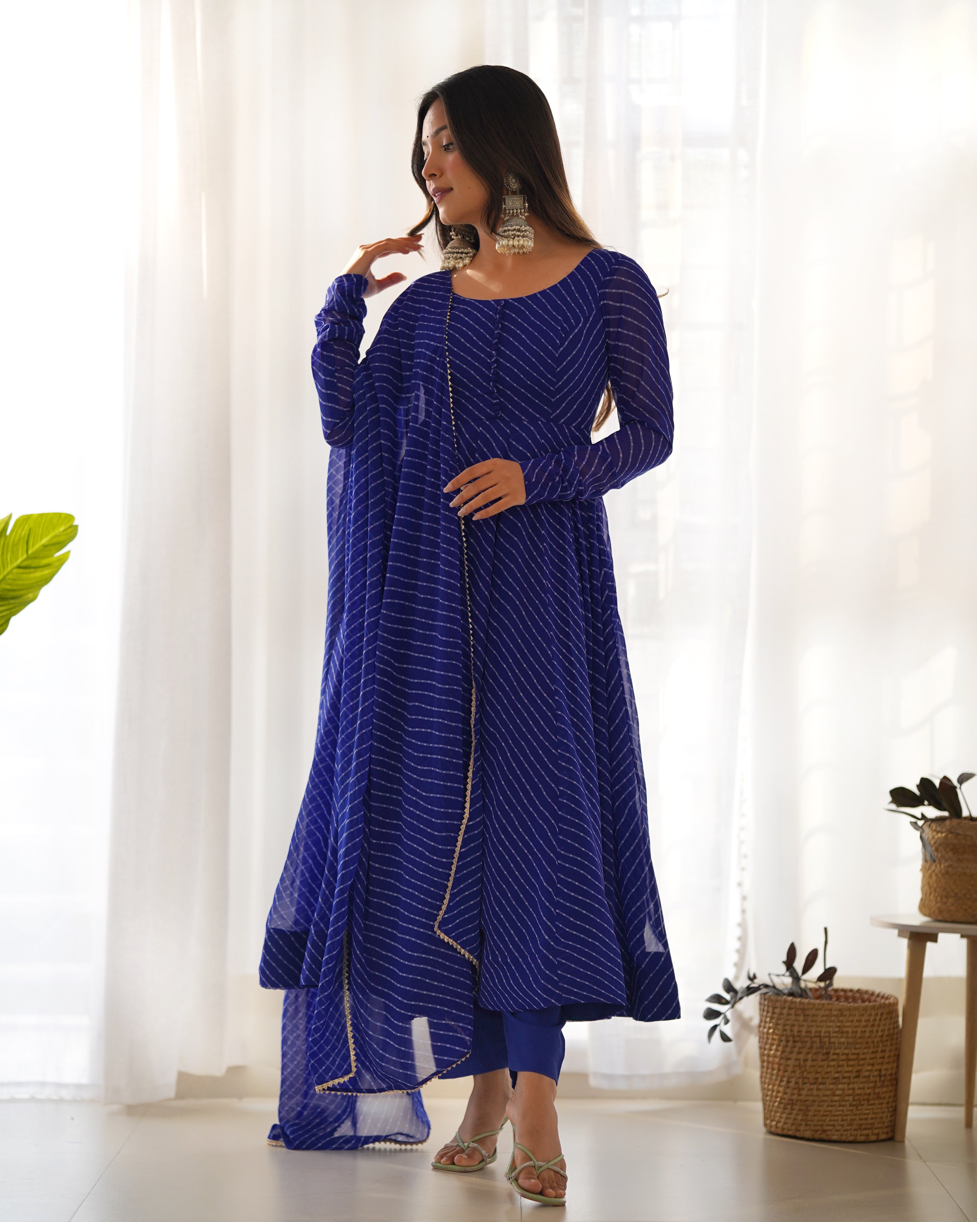 Royal Blue Laheriya Print Fox Georgette Anarkali Suit Set with Dupatta & Pant