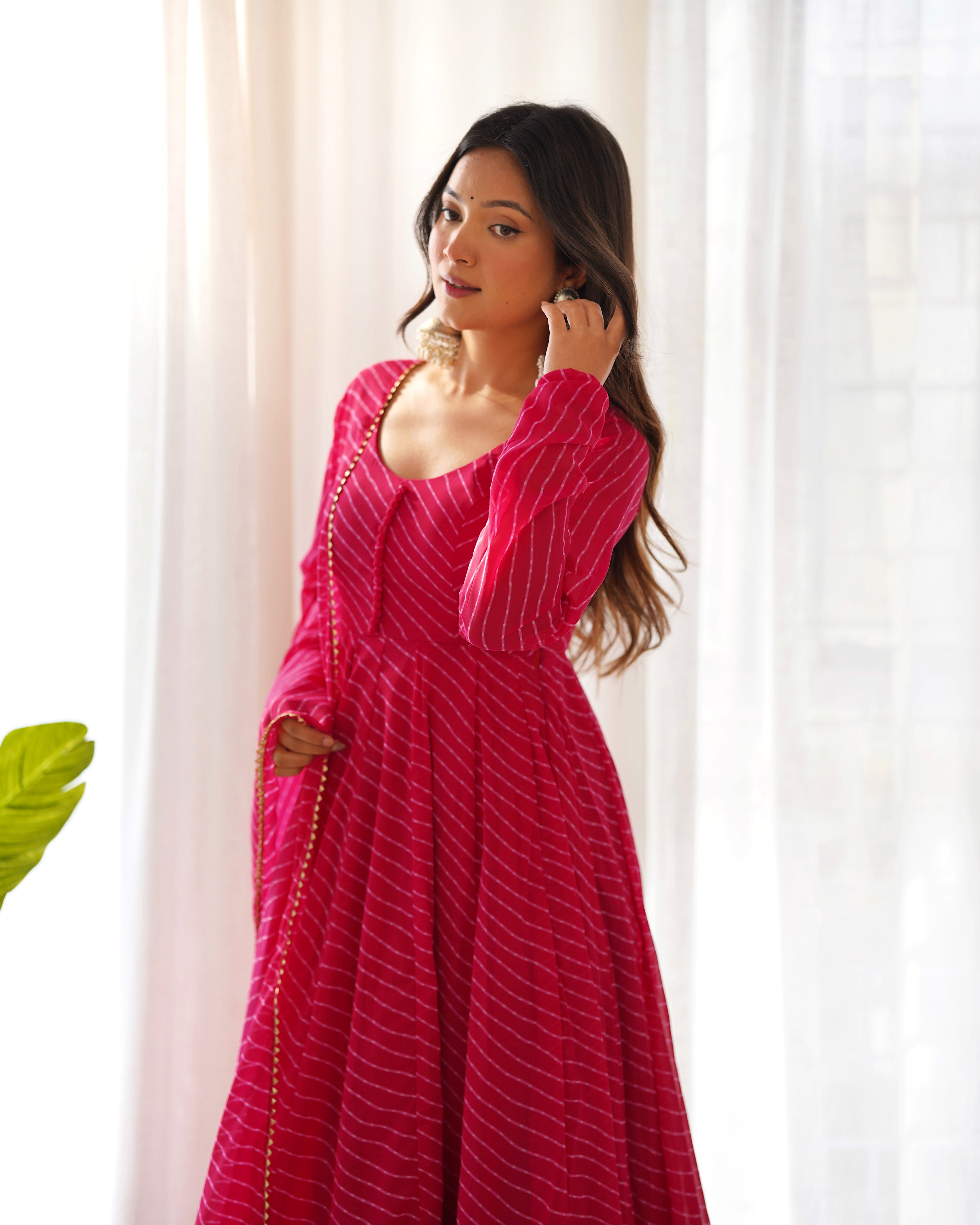Rani Pink Laheriya Print Fox Georgette Anarkali Suit Set with Dupatta & Pant