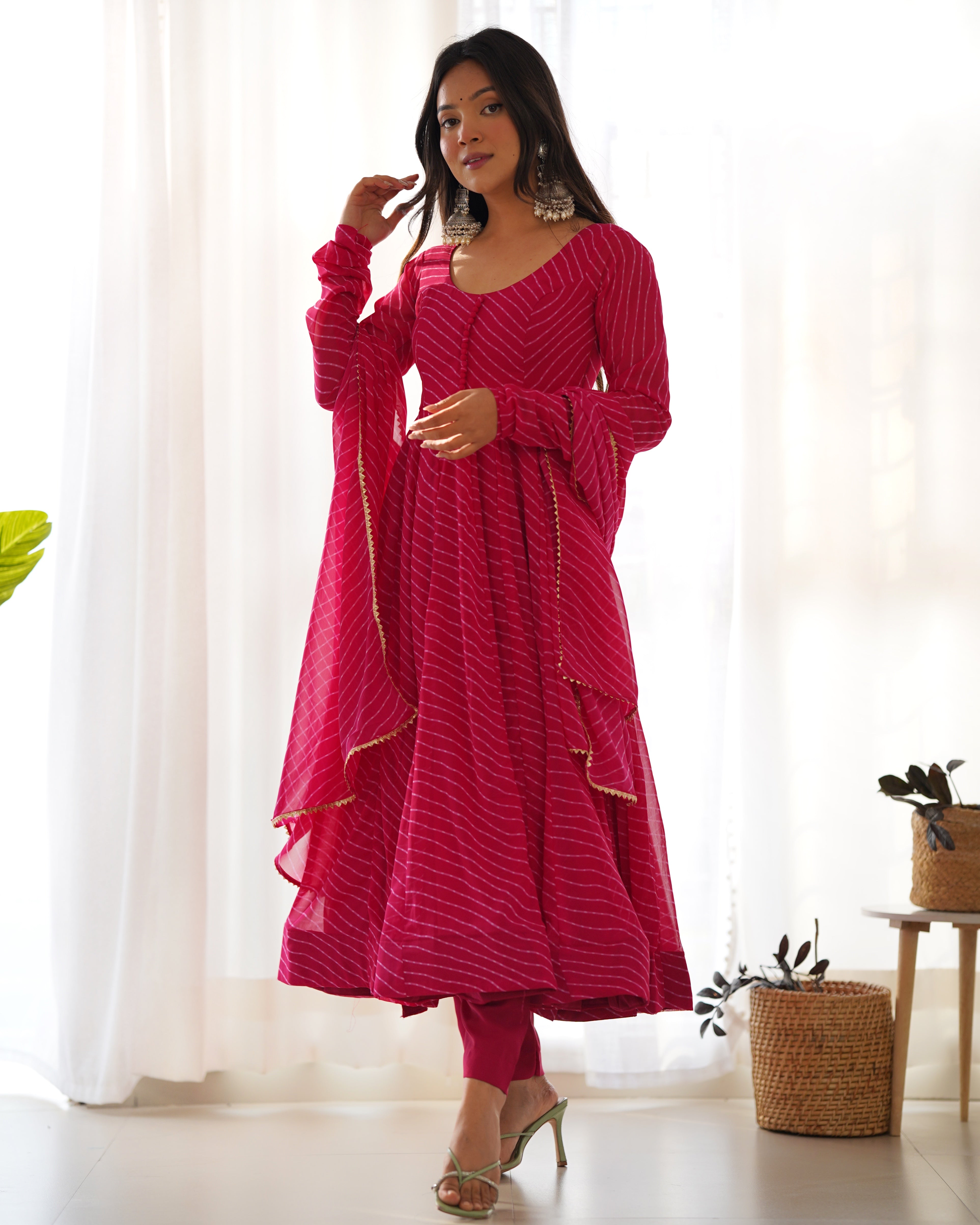 Rani Pink Laheriya Print Fox Georgette Anarkali Suit Set with Dupatta & Pant