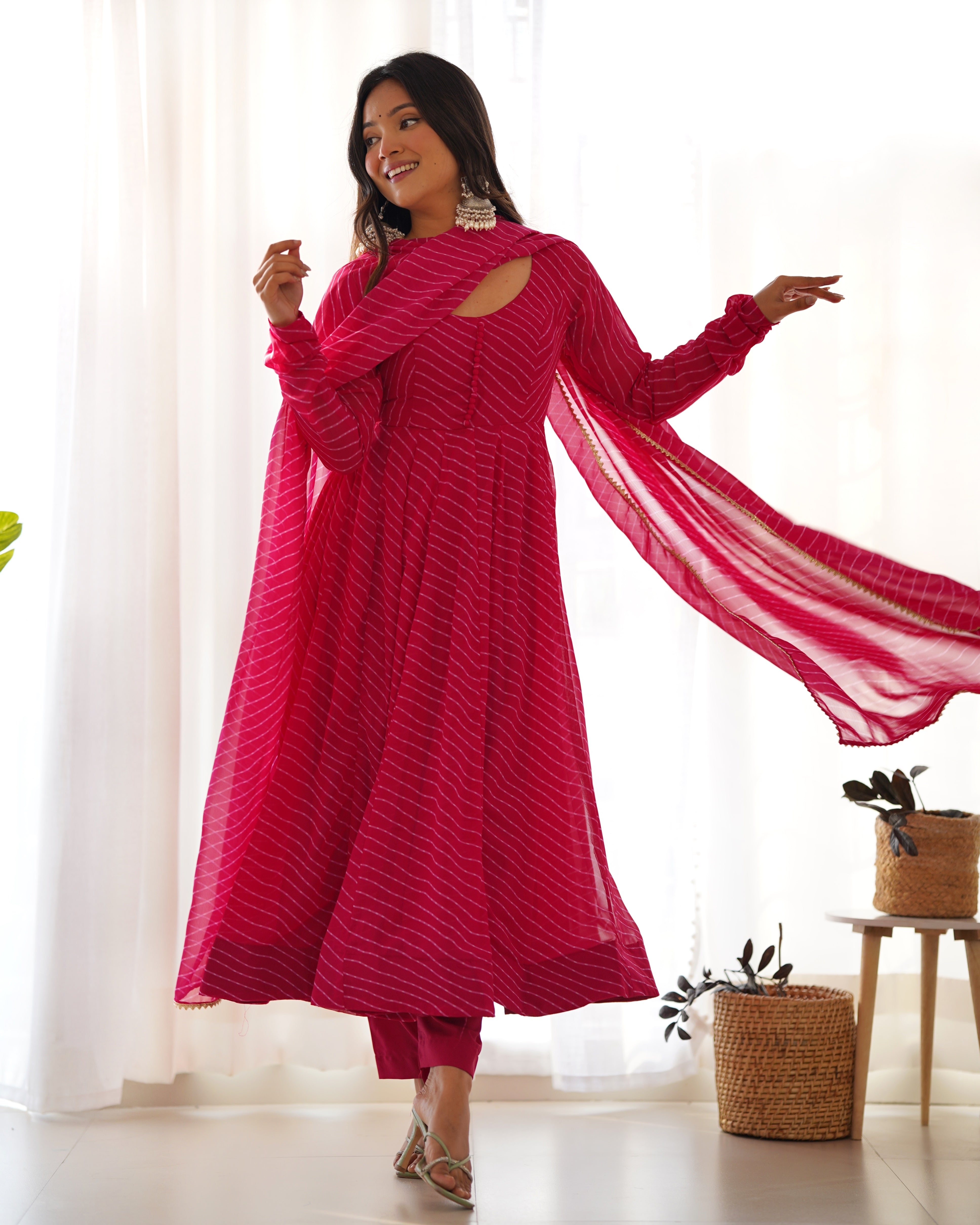Rani Pink Laheriya Print Fox Georgette Anarkali Suit Set with Dupatta & Pant