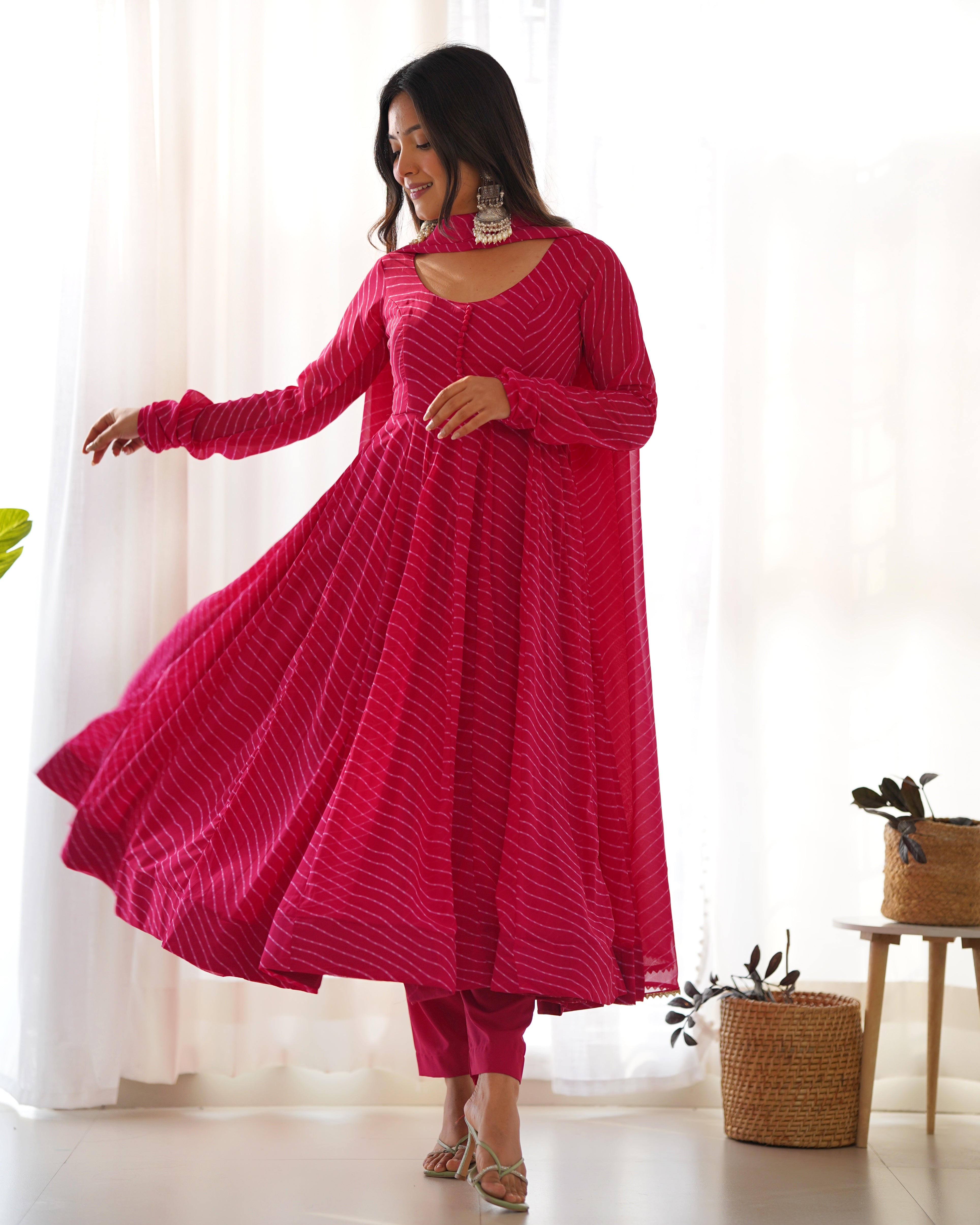 Rani Pink Laheriya Print Fox Georgette Anarkali Suit Set with Dupatta & Pant