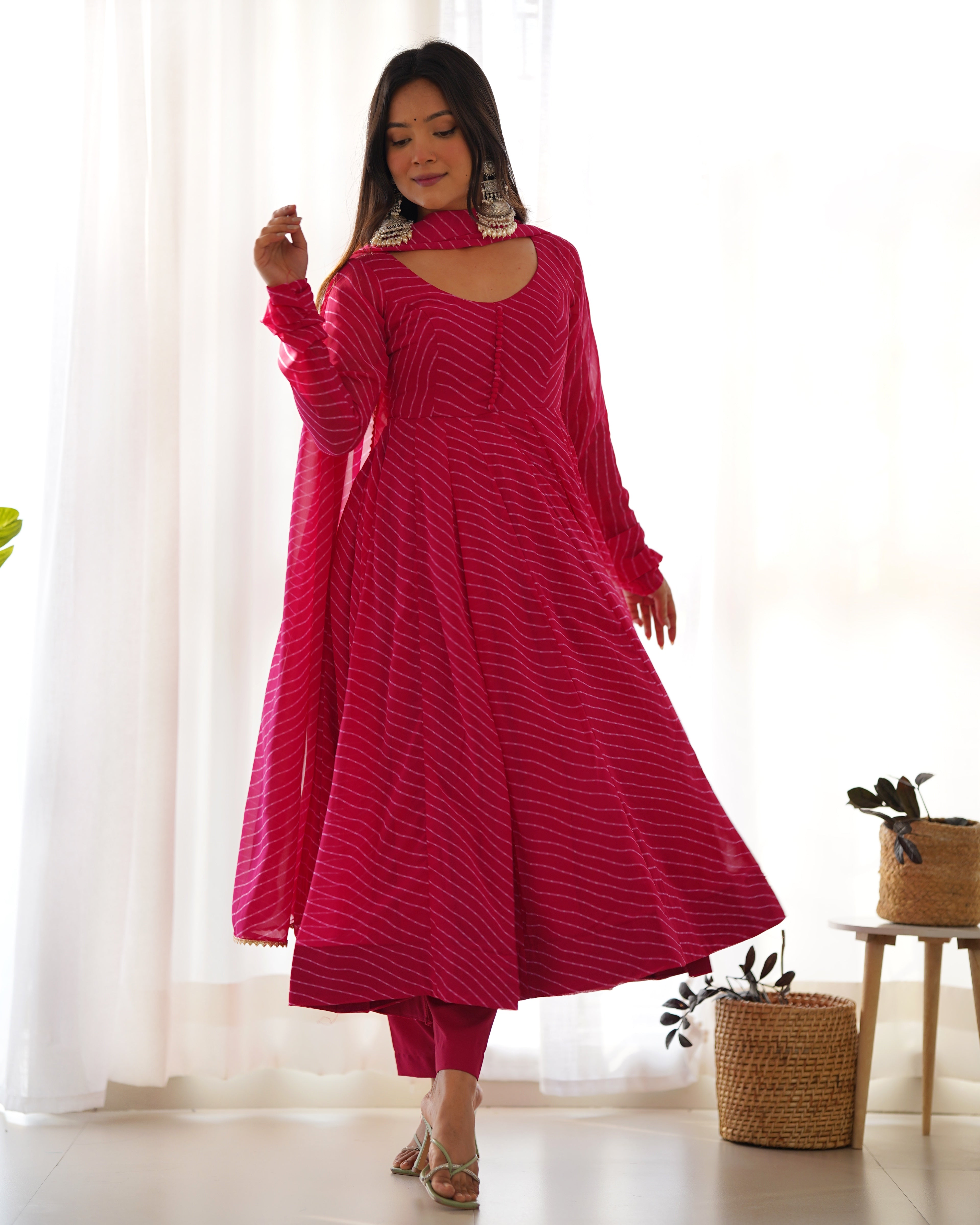 Rani Pink Laheriya Print Fox Georgette Anarkali Suit Set with Dupatta & Pant
