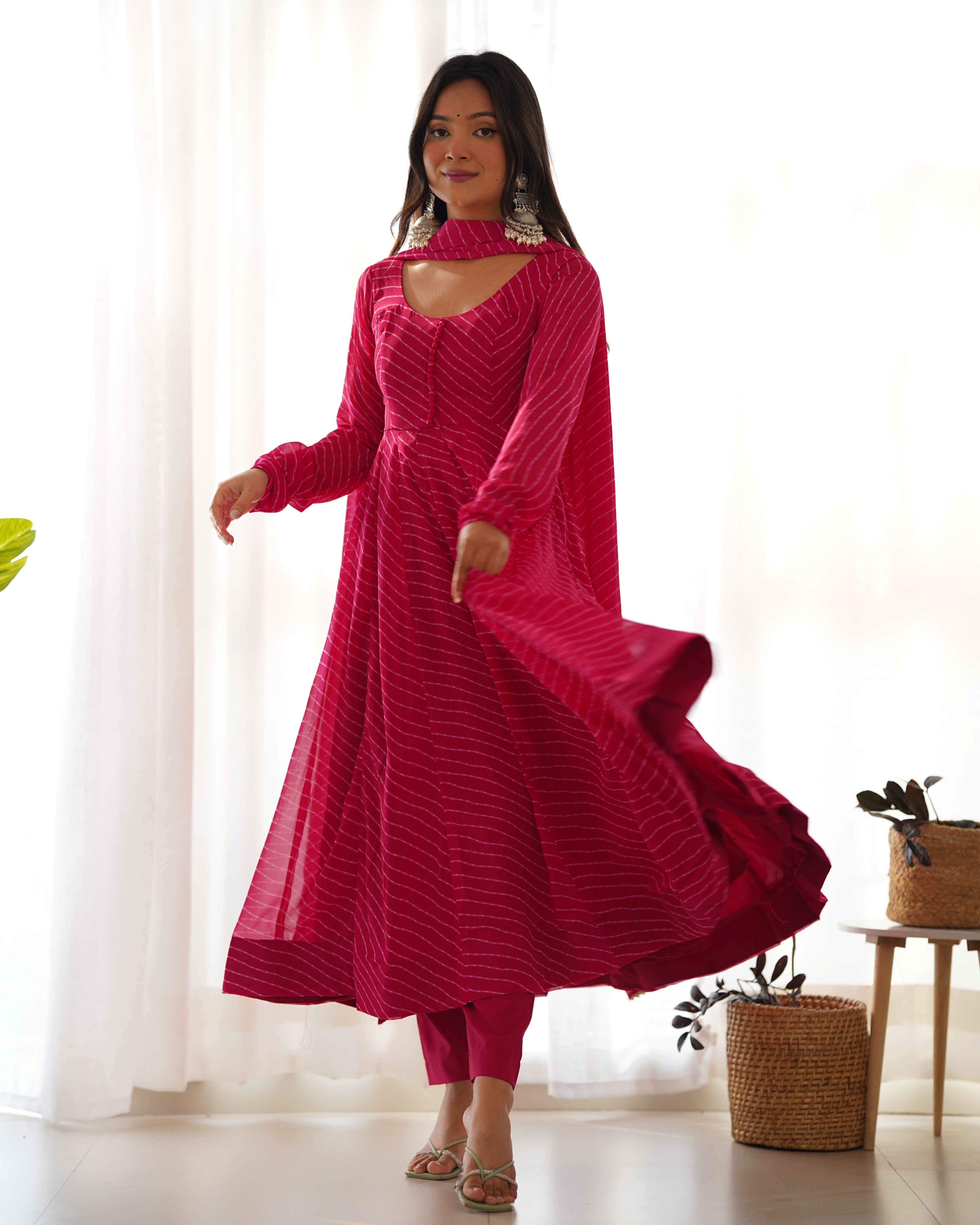 Rani Pink Laheriya Print Fox Georgette Anarkali Suit Set with Dupatta & Pant