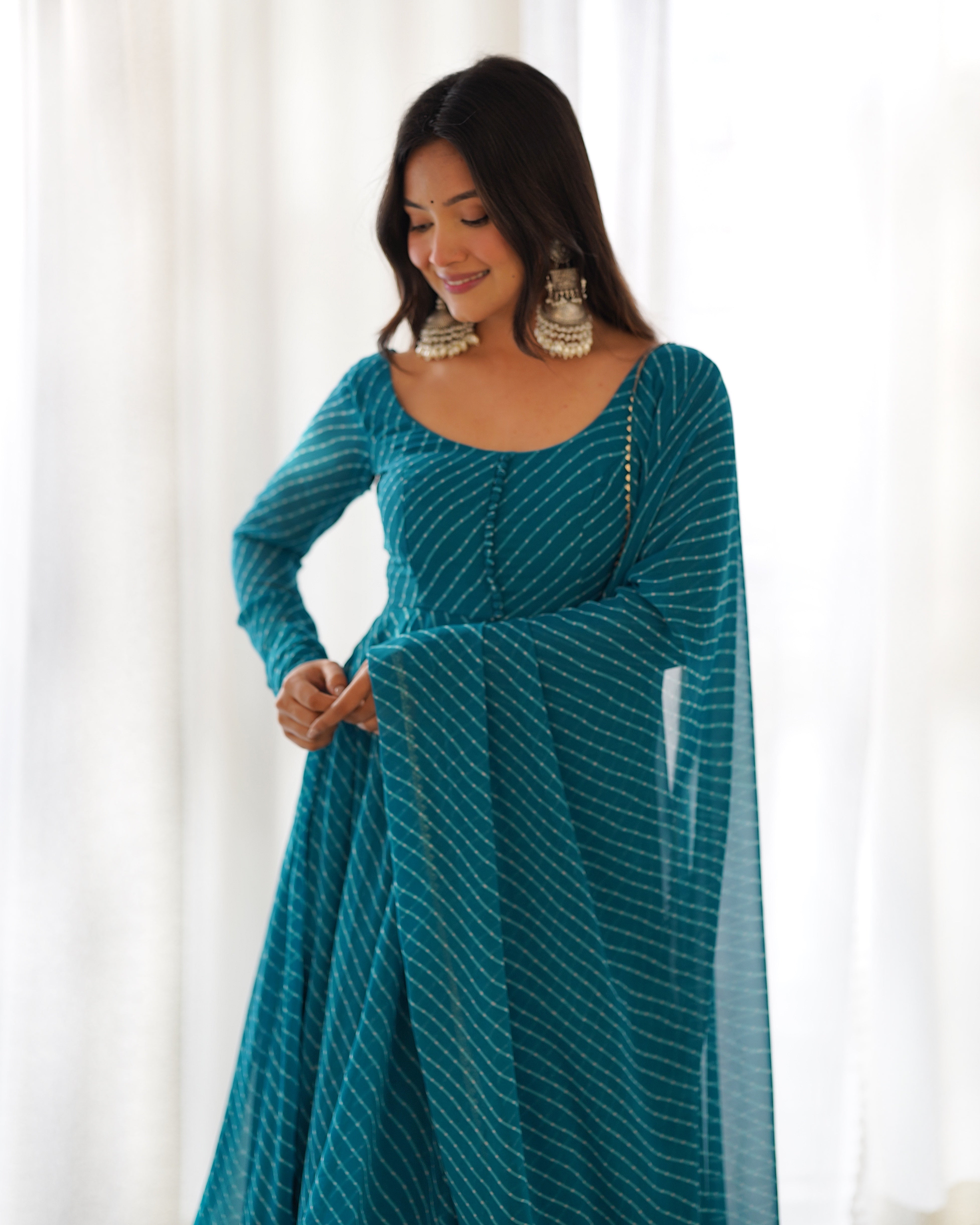 Teal Blue Laheriya Print Fox Georgette Anarkali Suit Set with Dupatta & Pant