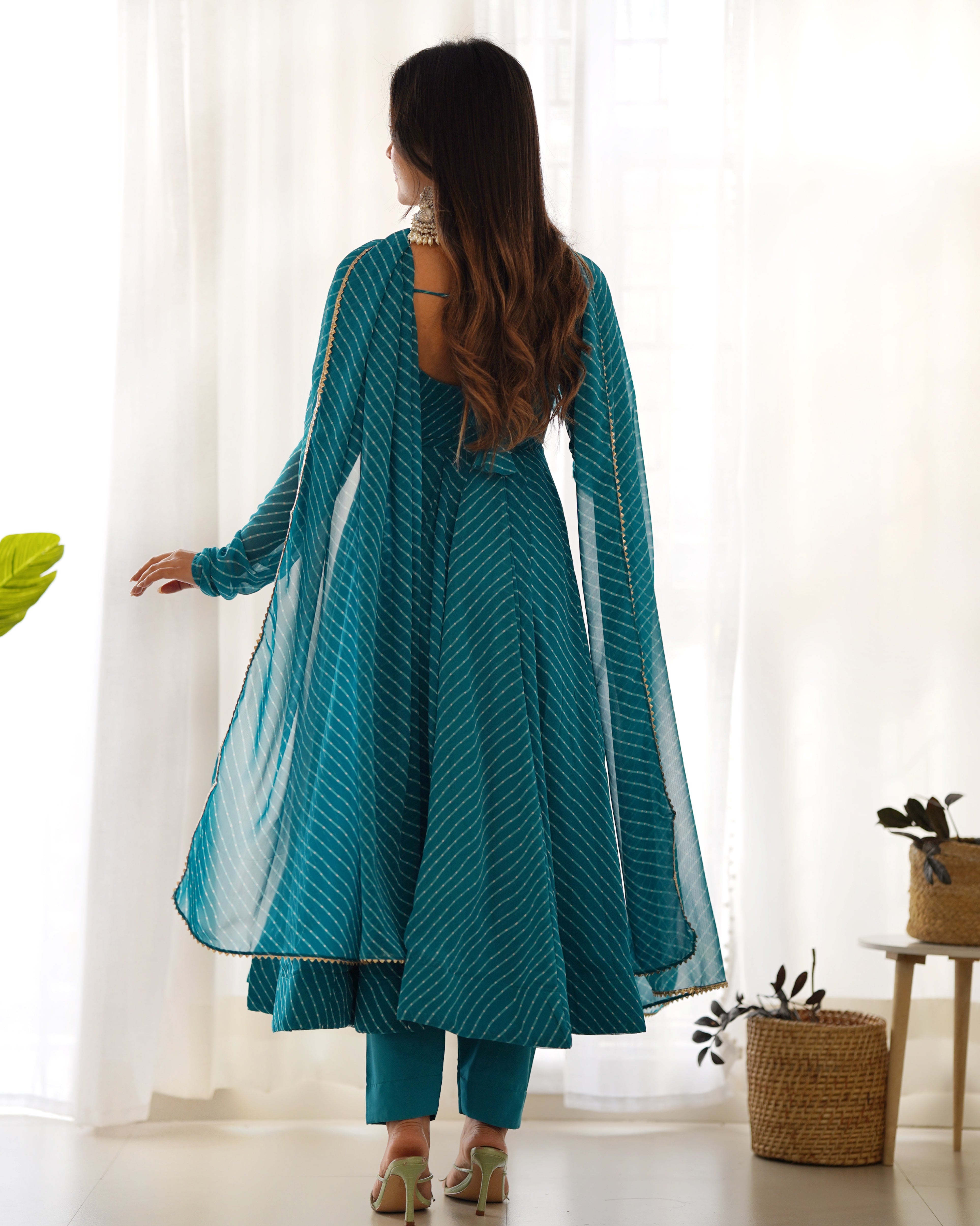 Teal Blue Laheriya Print Fox Georgette Anarkali Suit Set with Dupatta & Pant
