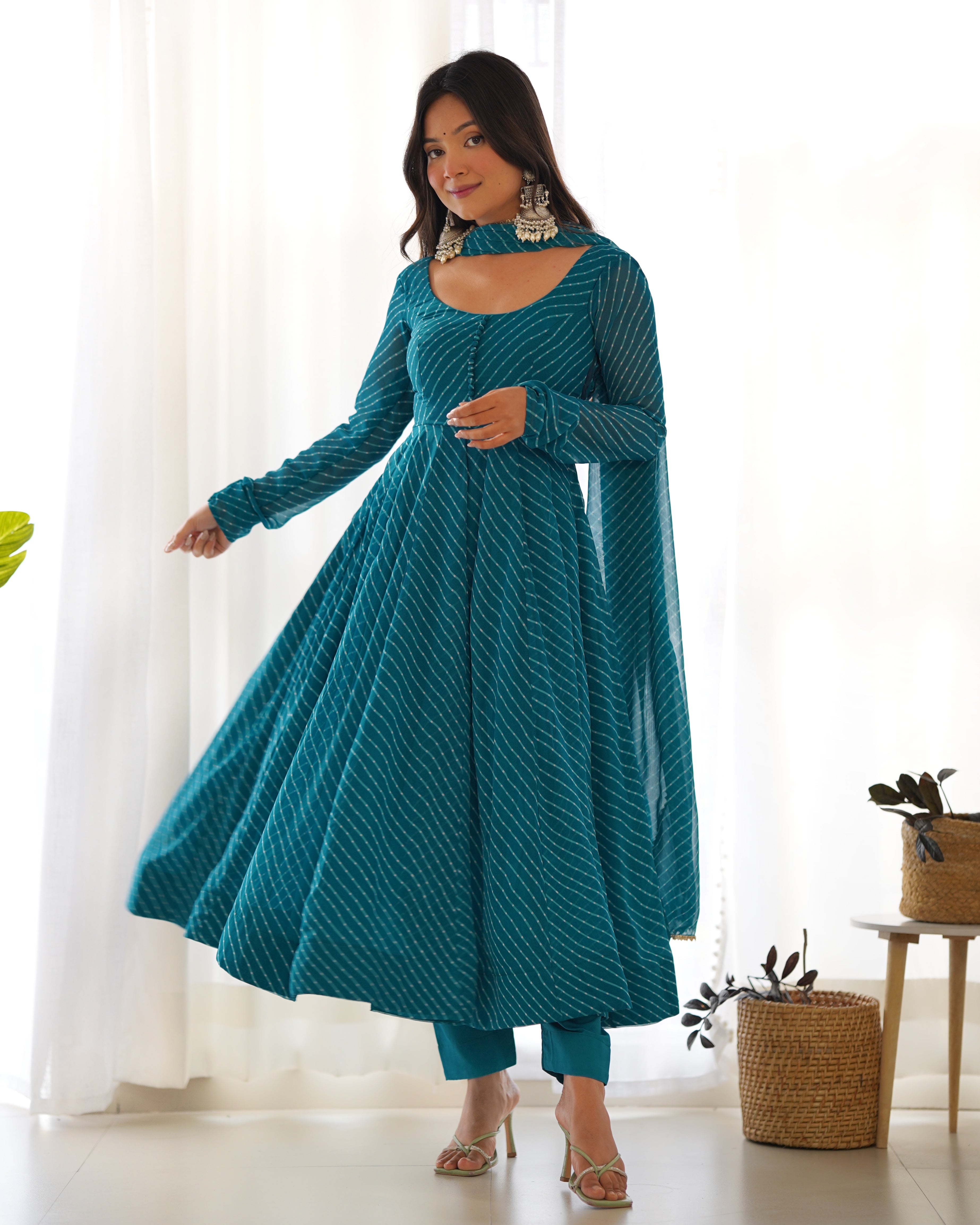 Teal Blue Laheriya Print Fox Georgette Anarkali Suit Set with Dupatta & Pant