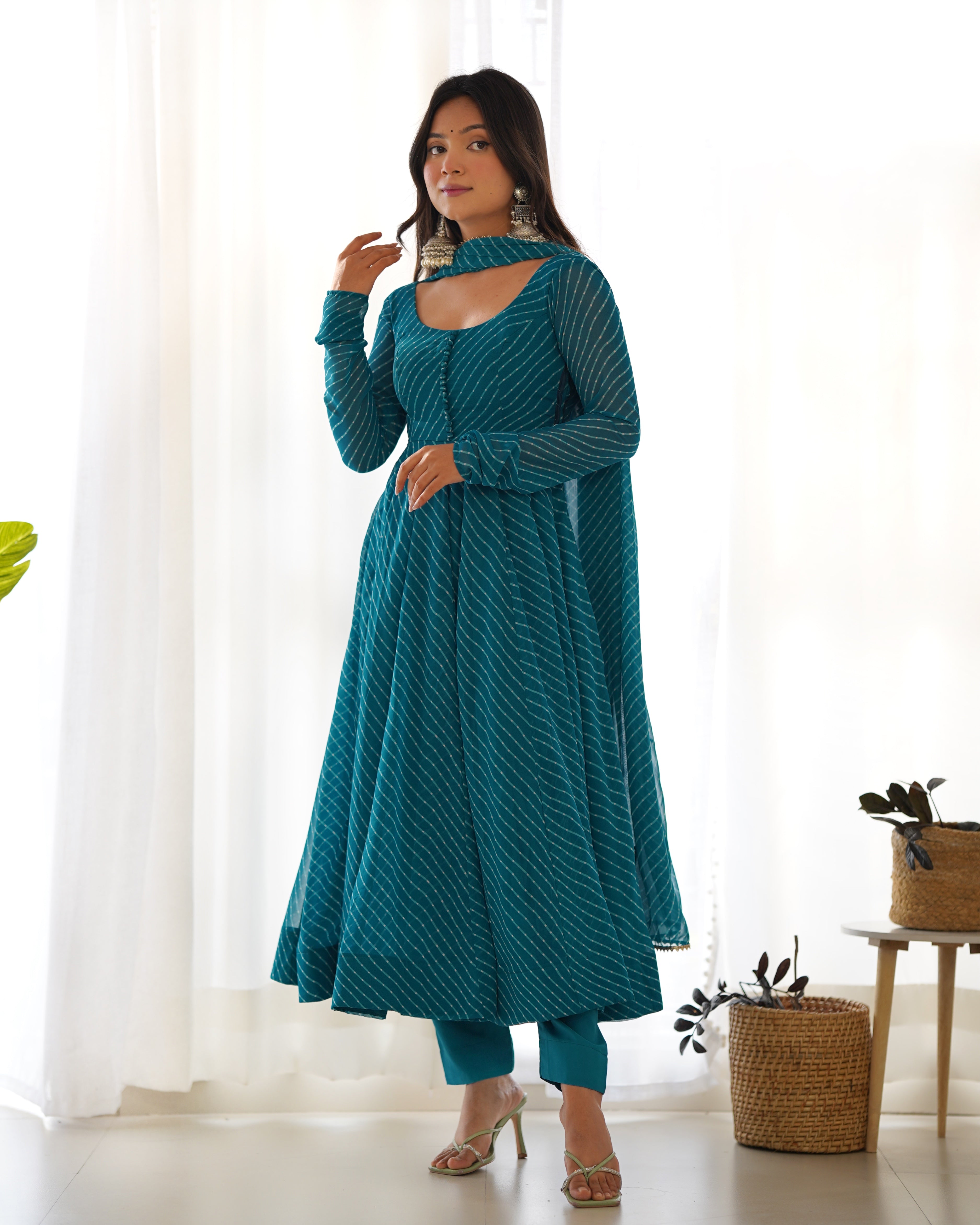 Teal Blue Laheriya Print Fox Georgette Anarkali Suit Set with Dupatta & Pant
