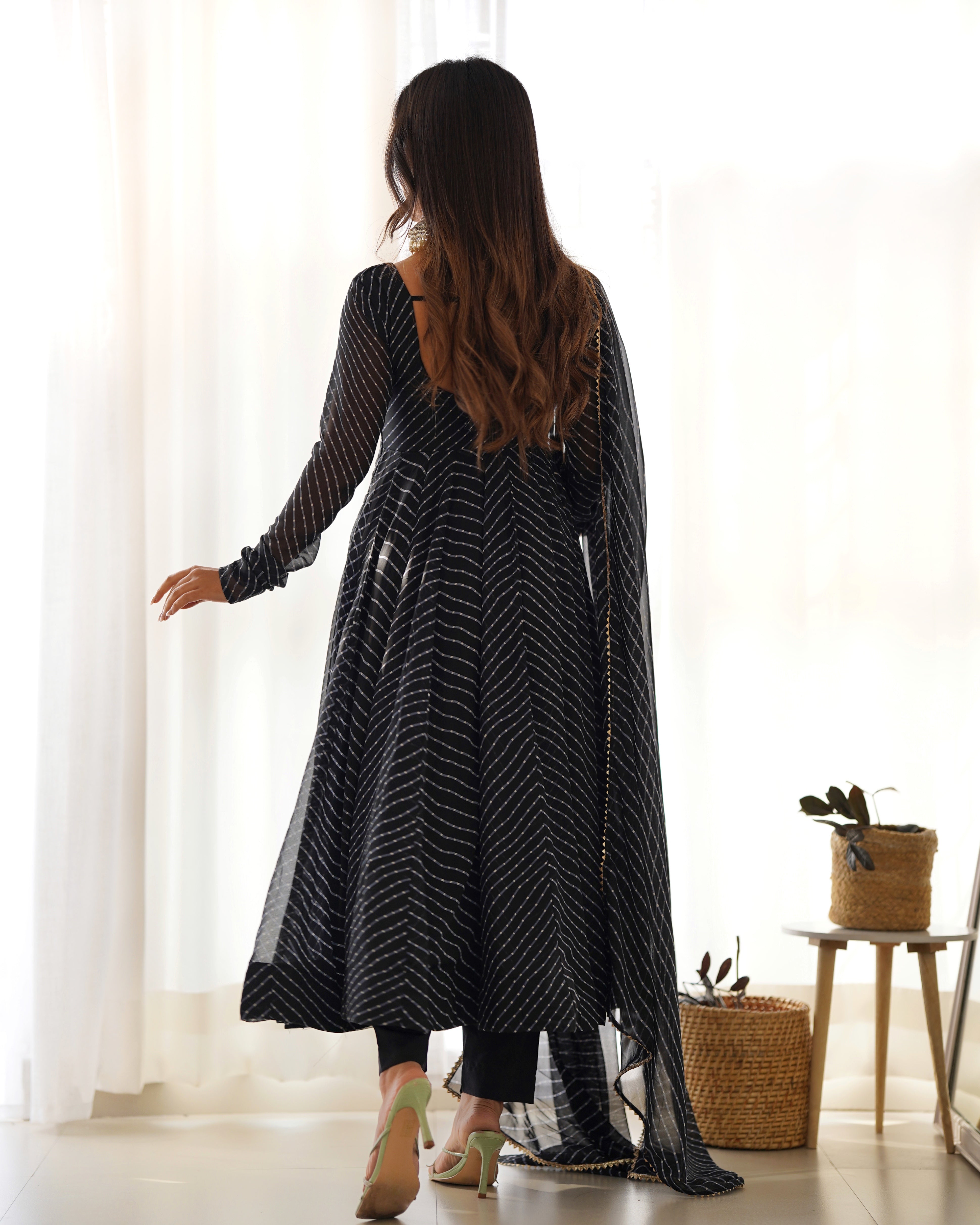 Black Laheriya Print Fox Georgette Anarkali Suit Set with Dupatta & Pant