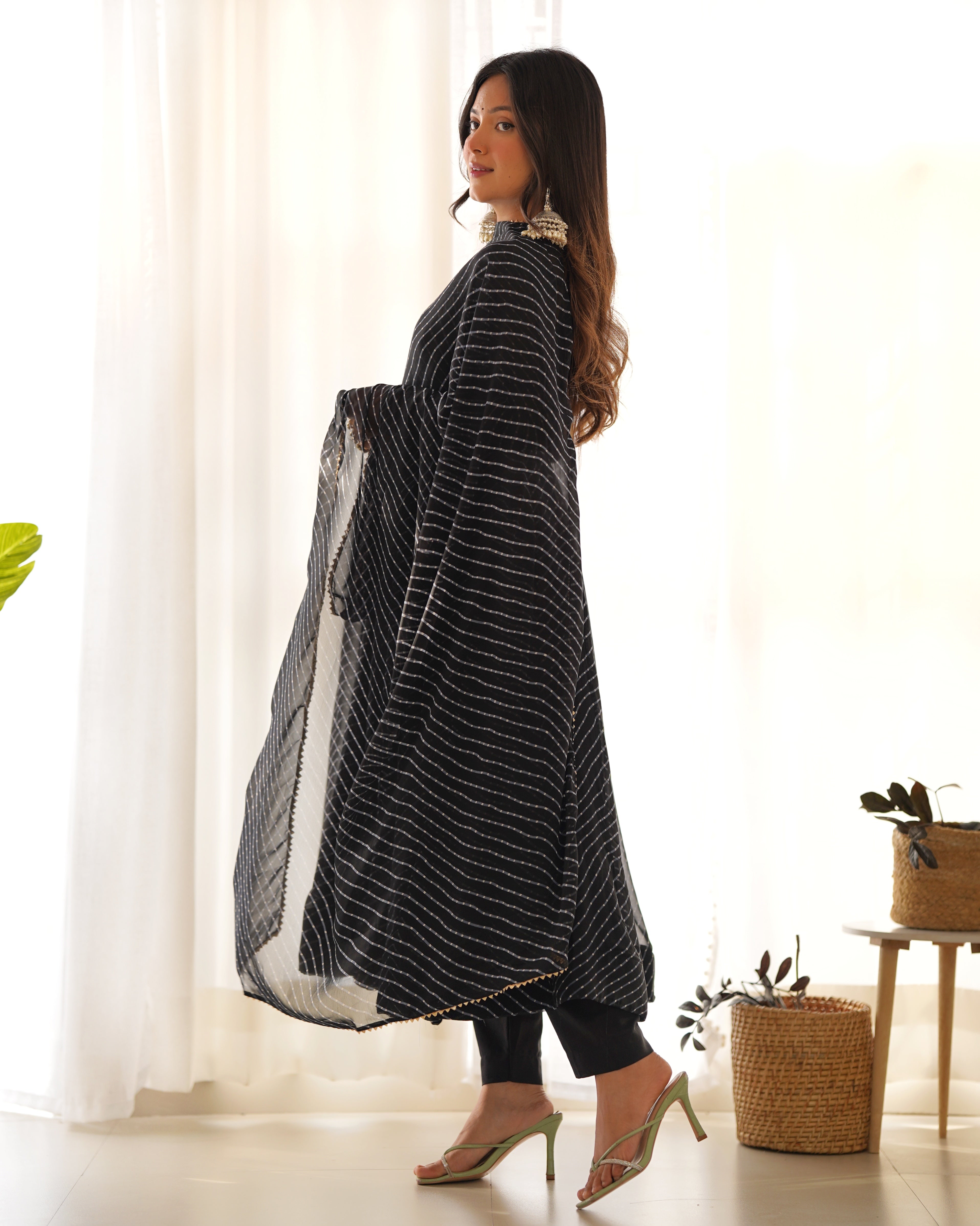 Black Laheriya Print Fox Georgette Anarkali Suit Set with Dupatta & Pant