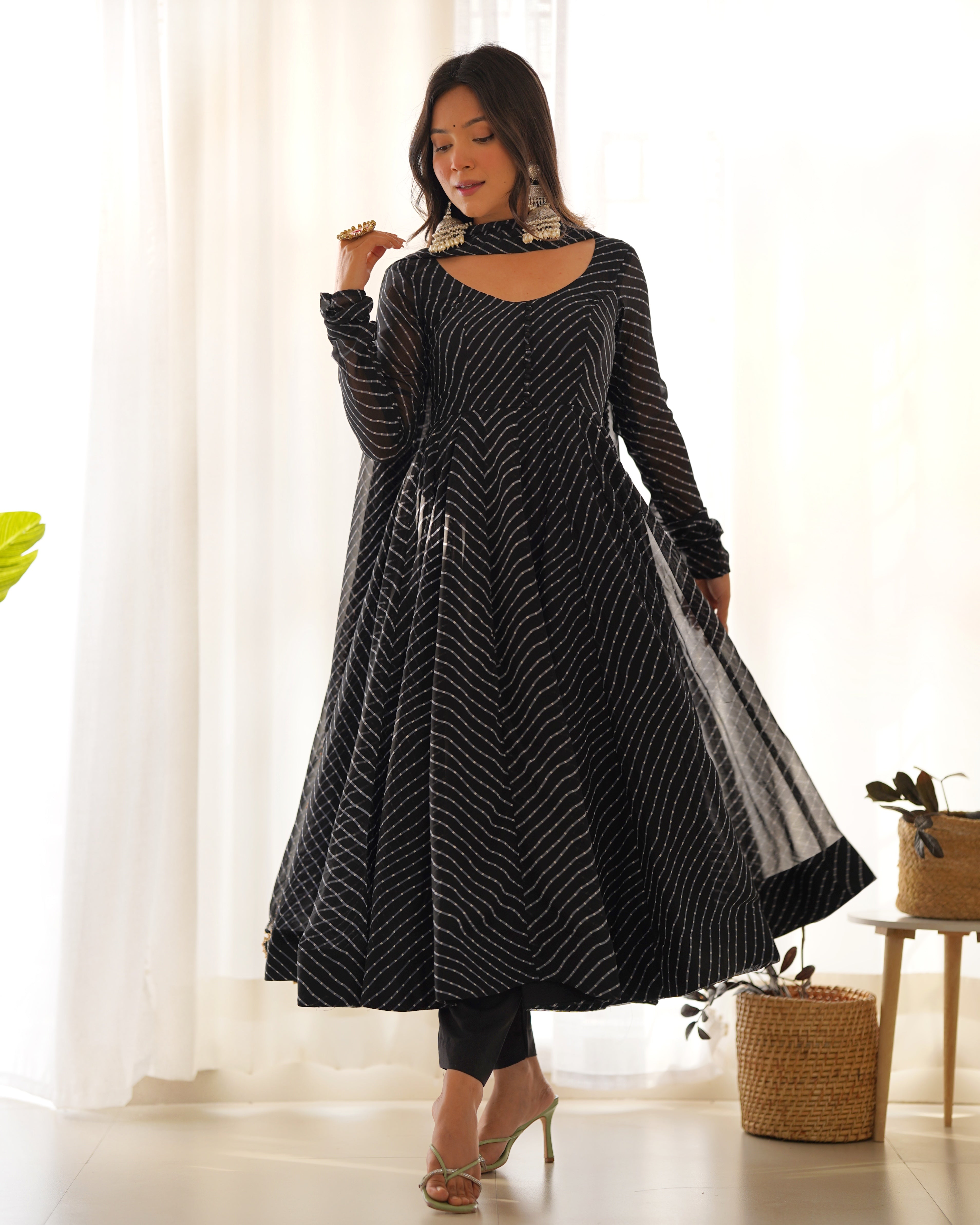 Black Laheriya Print Fox Georgette Anarkali Suit Set with Dupatta & Pant