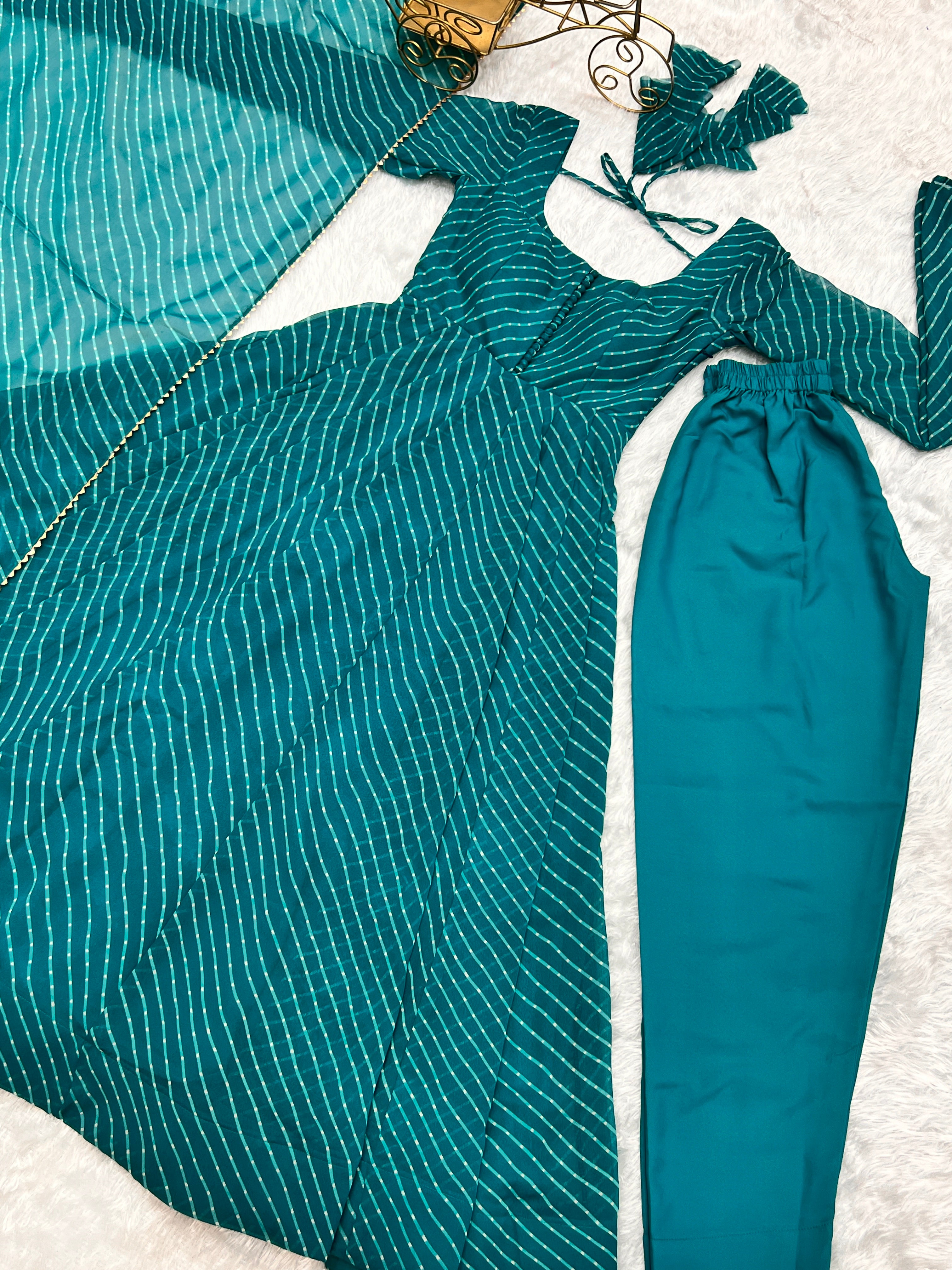 Teal Blue Laheriya Print Fox Georgette Anarkali Suit Set with Dupatta & Pant