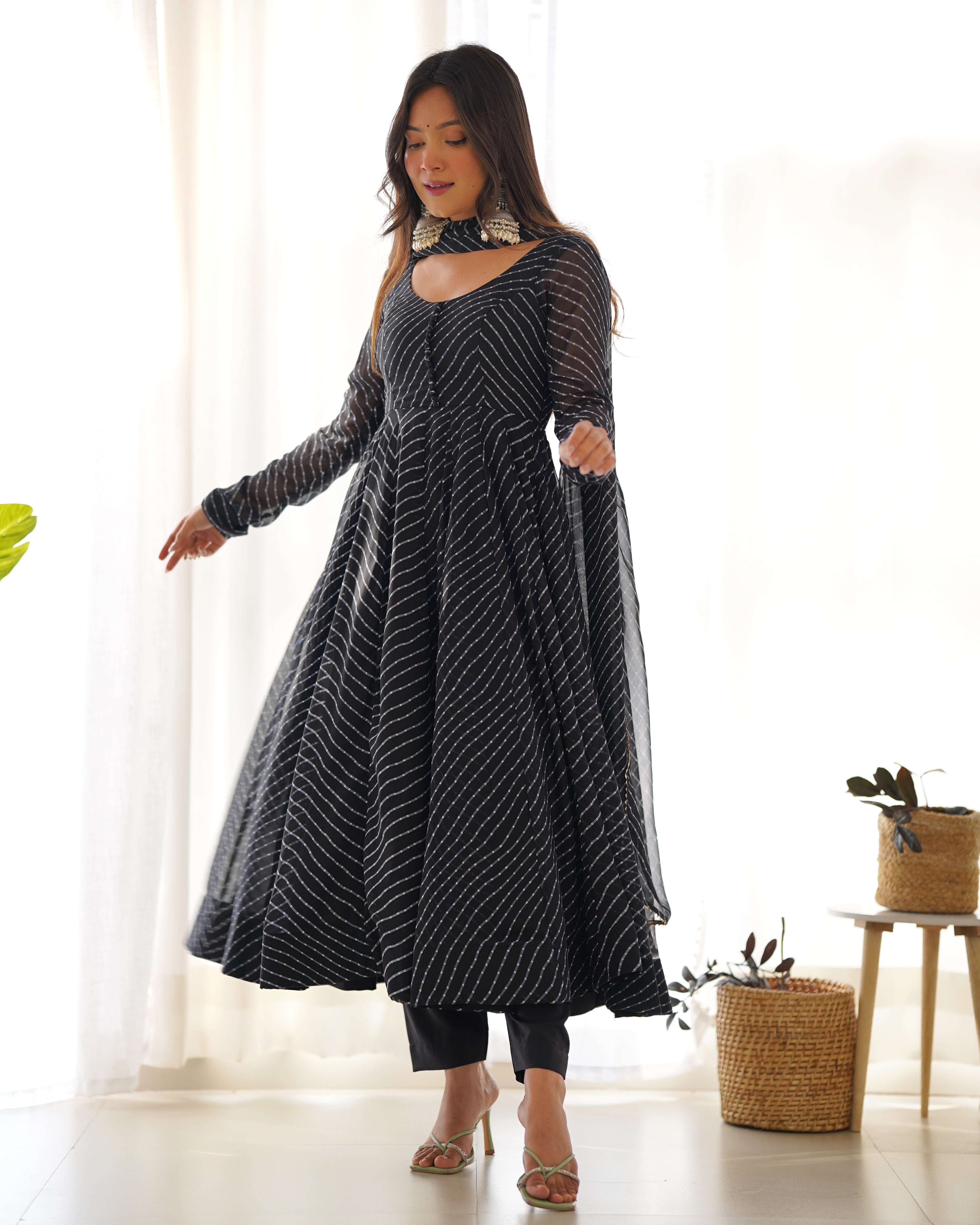 Black Laheriya Print Fox Georgette Anarkali Suit Set with Dupatta & Pant