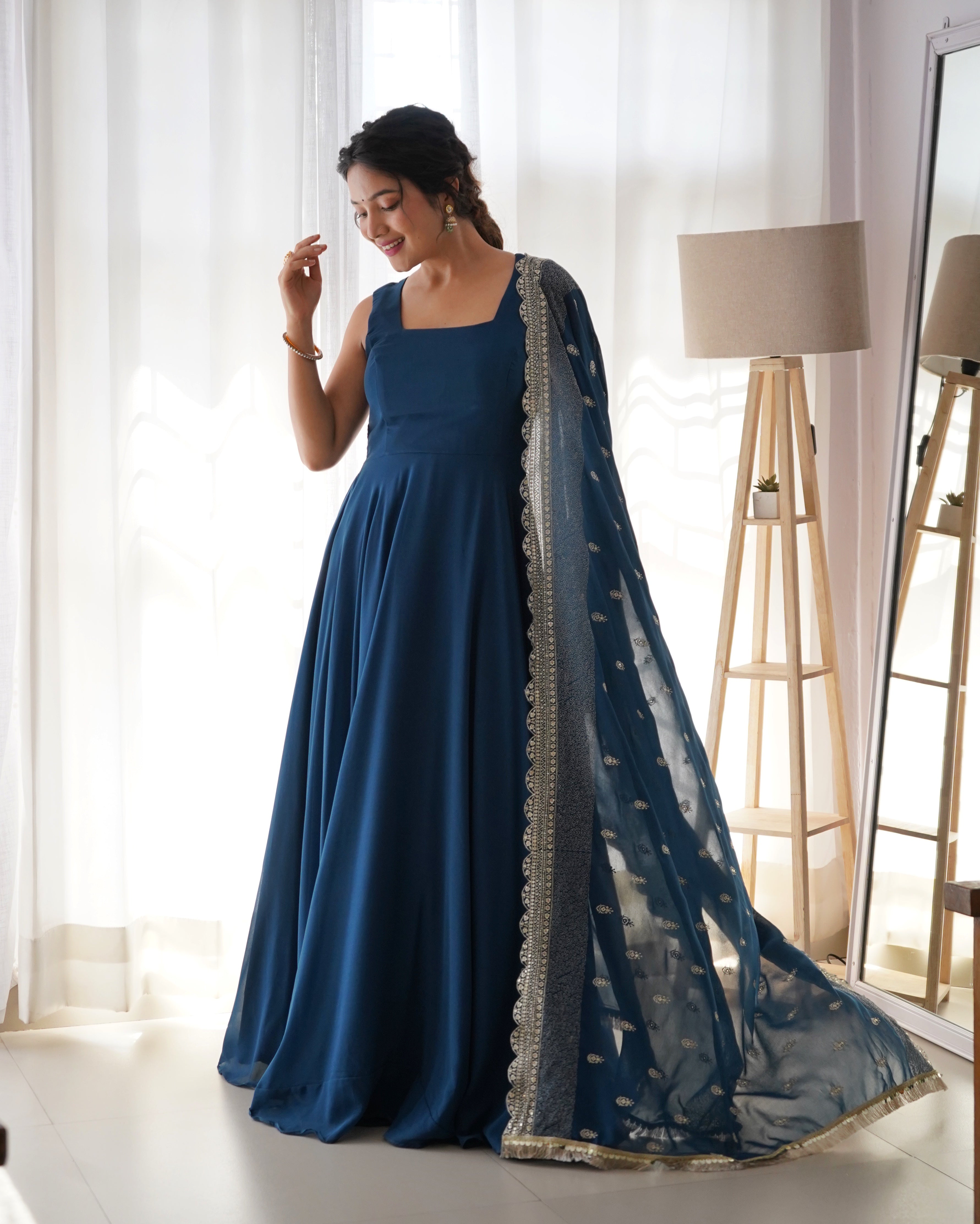 Rama Blue full Flair Gown with Dupatta | Ready to Wear