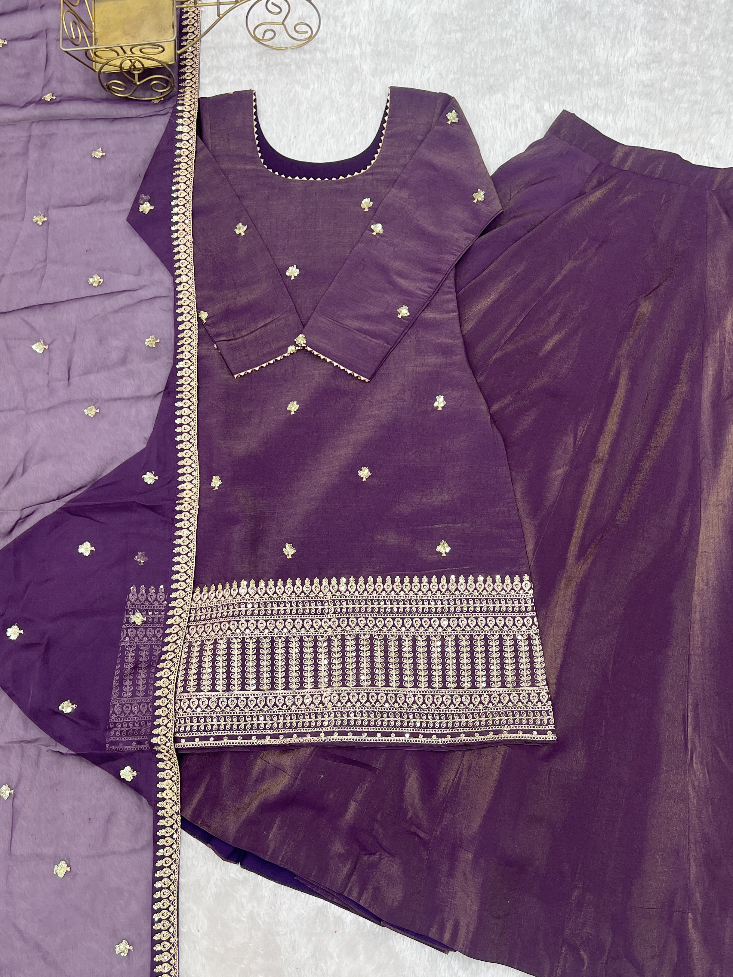 Premium Roman Shimmer Chanderi Silk Kurta Lehenga Dupatta Set for Women | Nardev Fashion