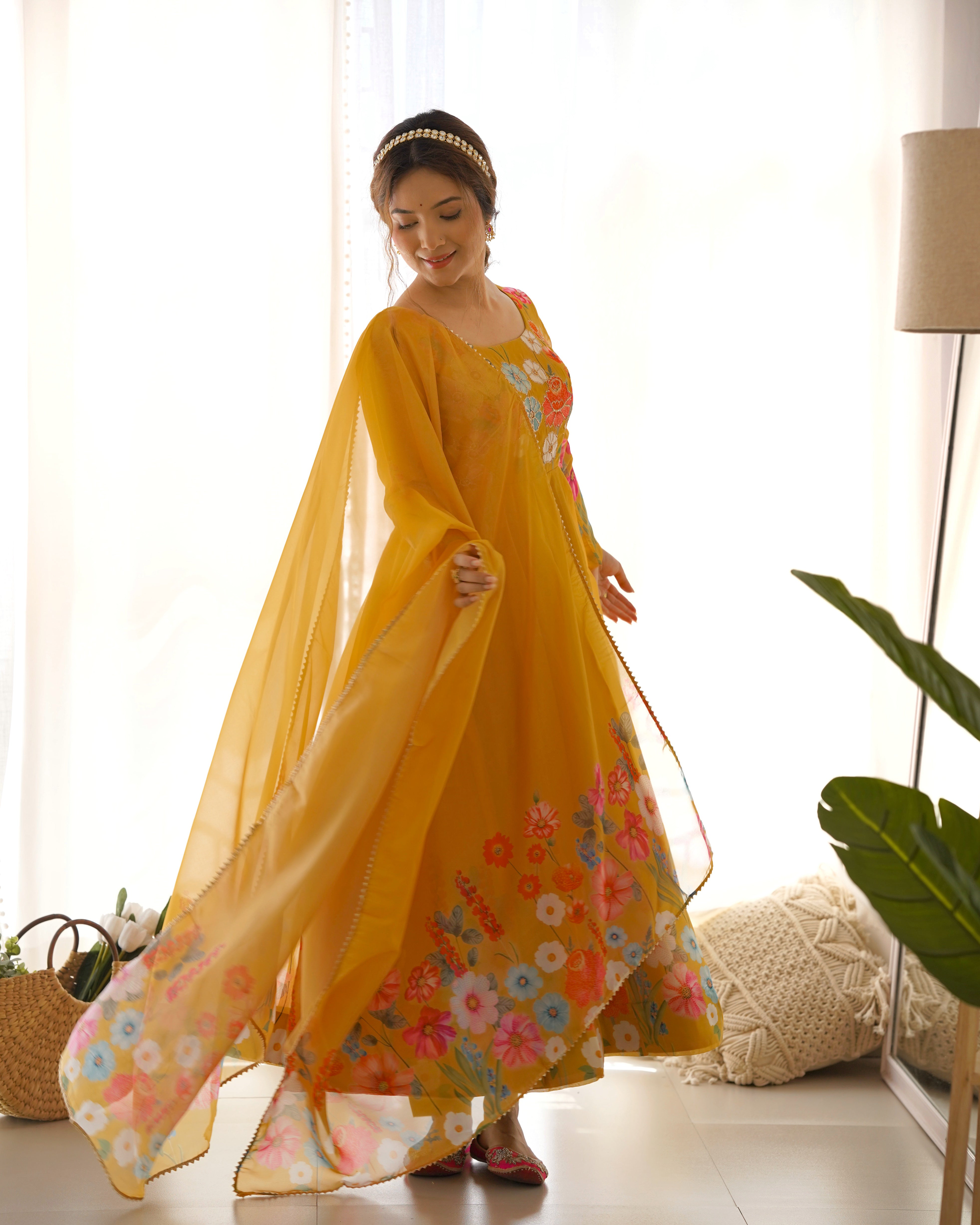 Yellow Floral Anarkali Suit with Pant Dupatta