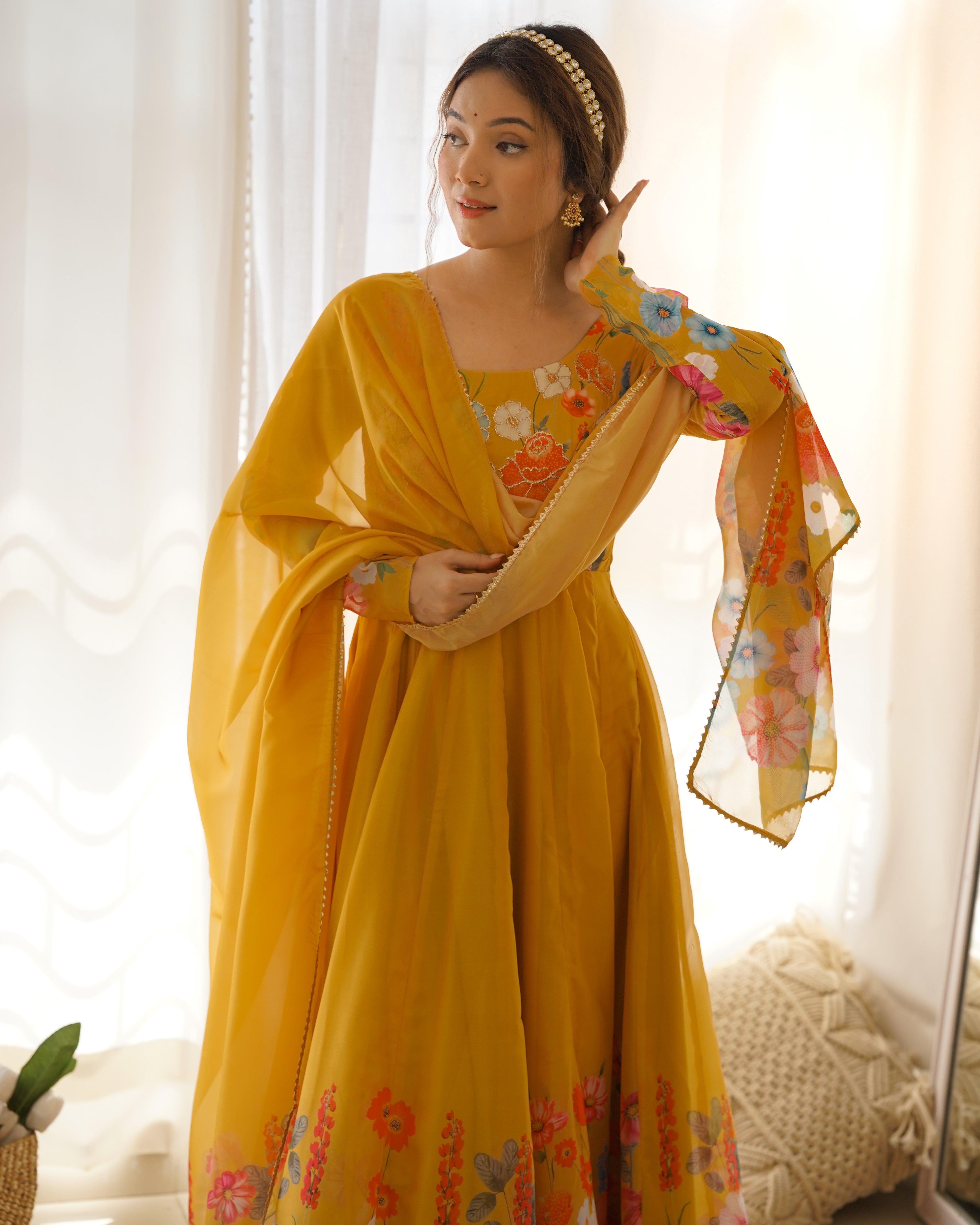 Yellow Floral Anarkali Suit with Pant Dupatta