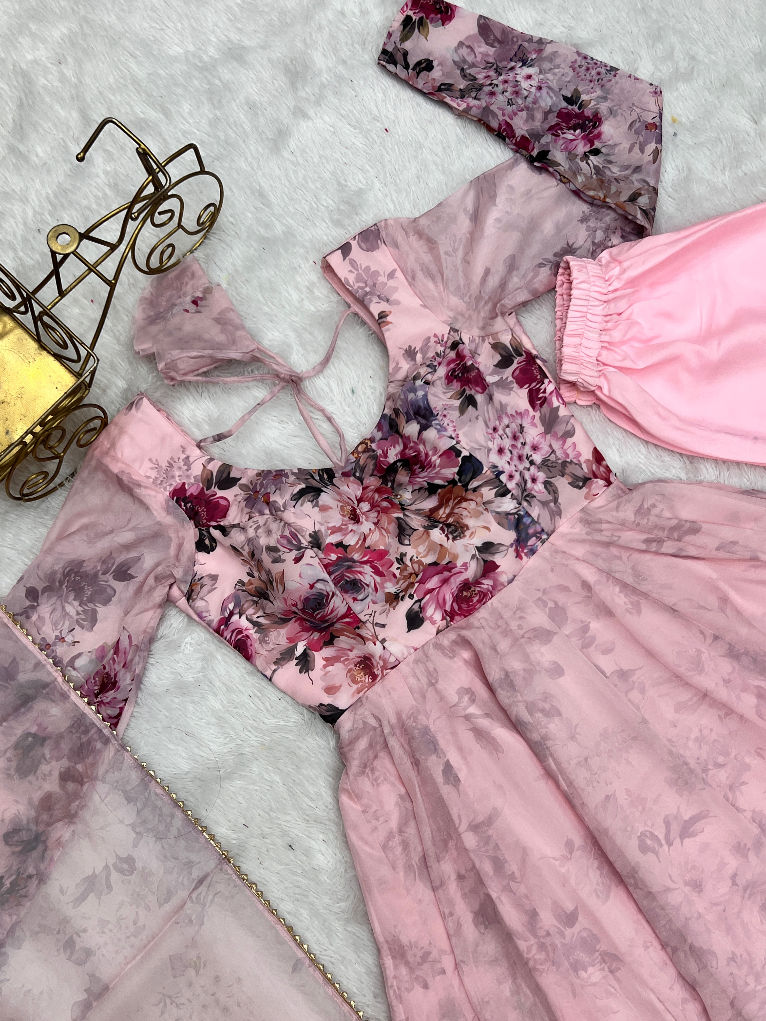 Dusty Pink Organza Silk Floral Printed Anarkali Suit Set with Gota Patti Dupatta