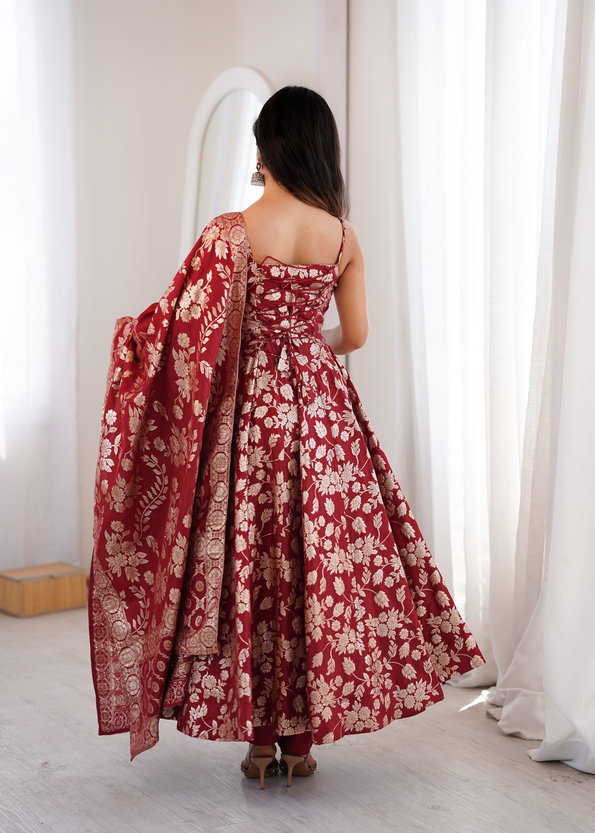 Maroon Banarasi Jacquard Dola Silk Anarkali Suit Set with Dupatta