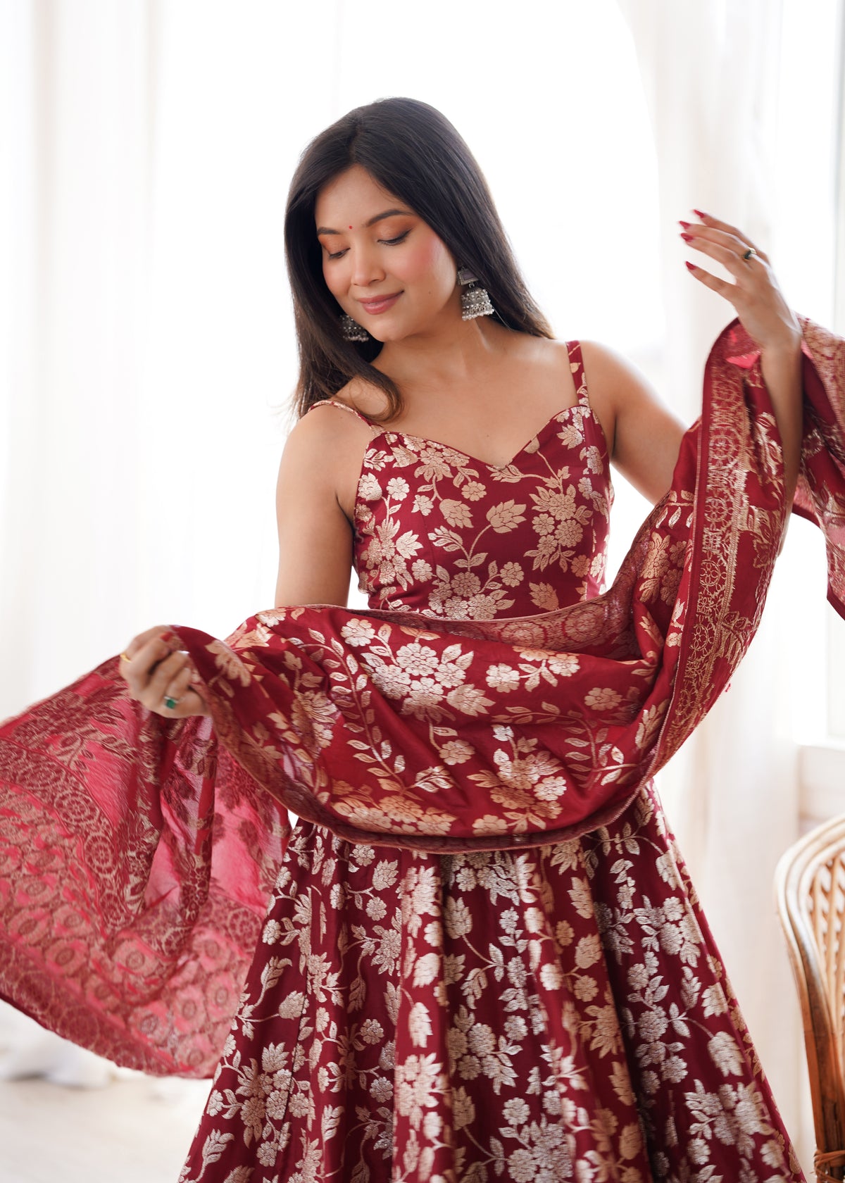 Maroon Banarasi Jacquard Dola Silk Anarkali Suit Set with Dupatta