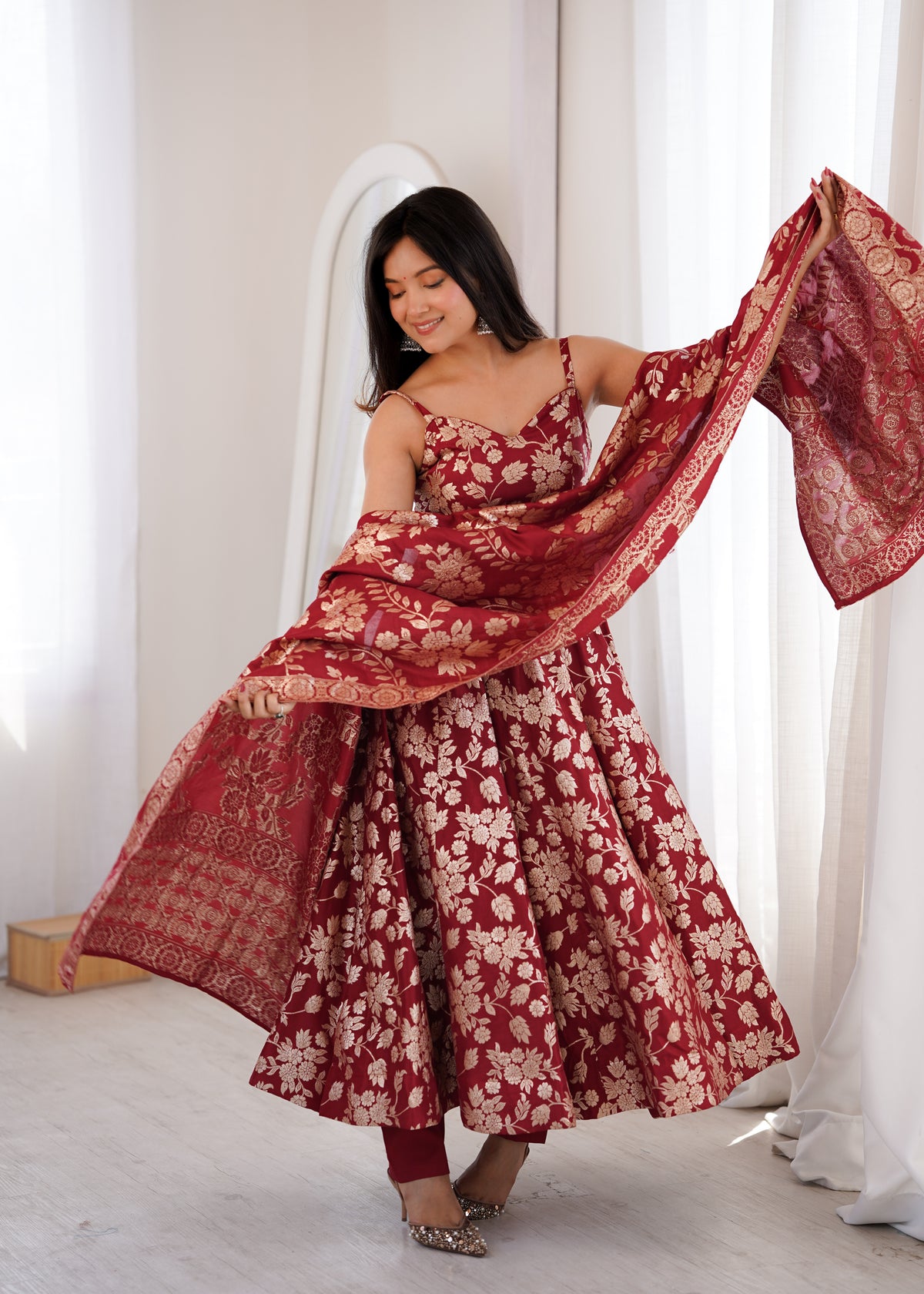 Maroon Banarasi Jacquard Dola Silk Anarkali Suit Set with Dupatta