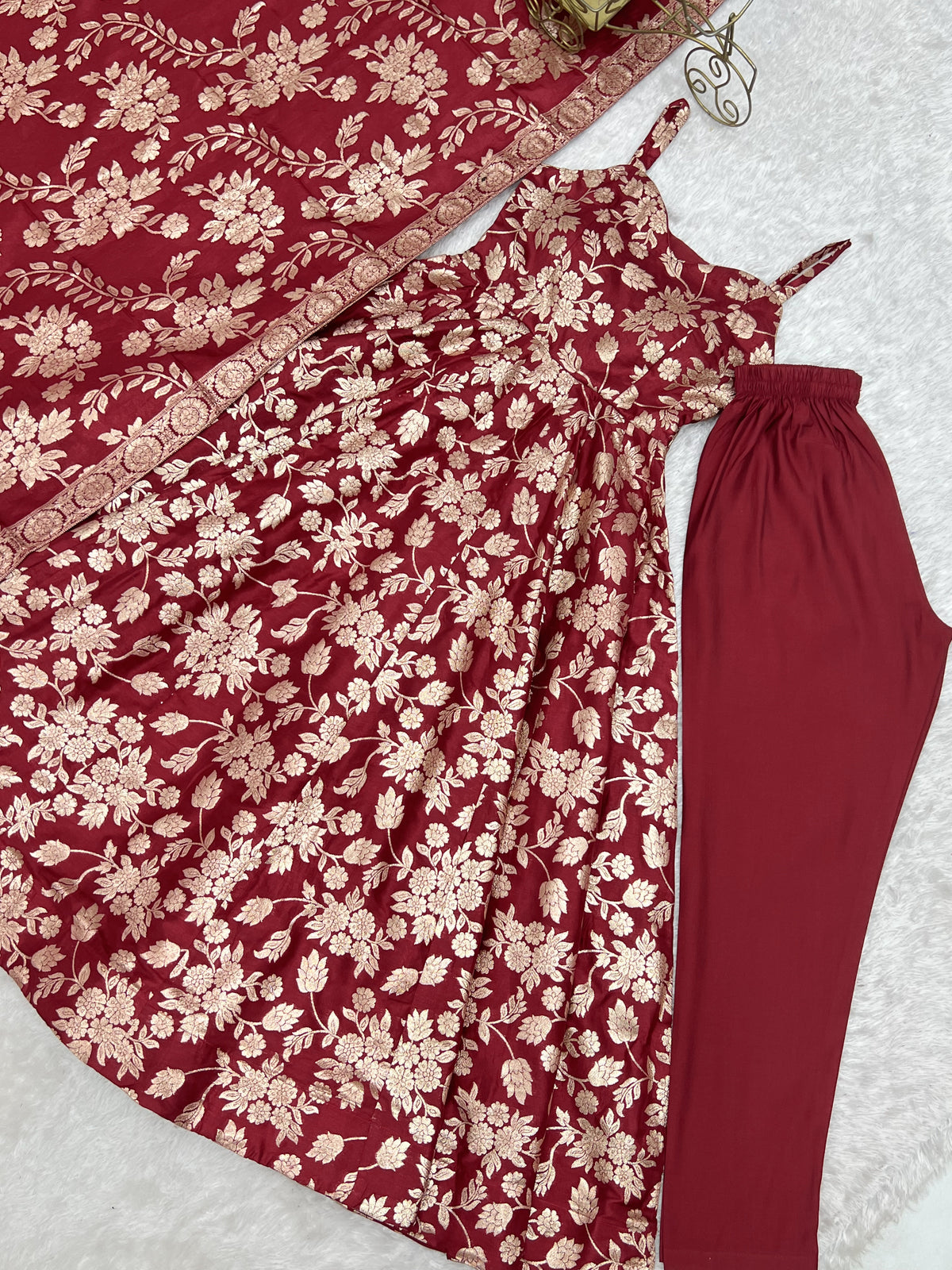 Maroon Banarasi Jacquard Dola Silk Anarkali Suit Set with Dupatta