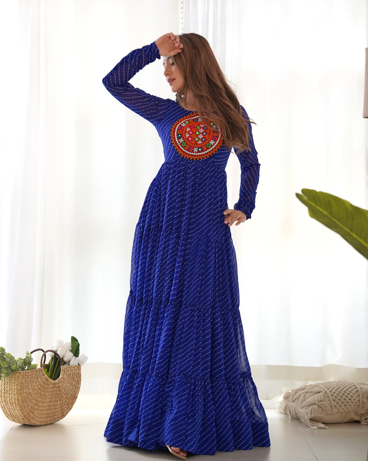 Royal Blue Laheriya Print 7 Meter Flair Anarkali Gown