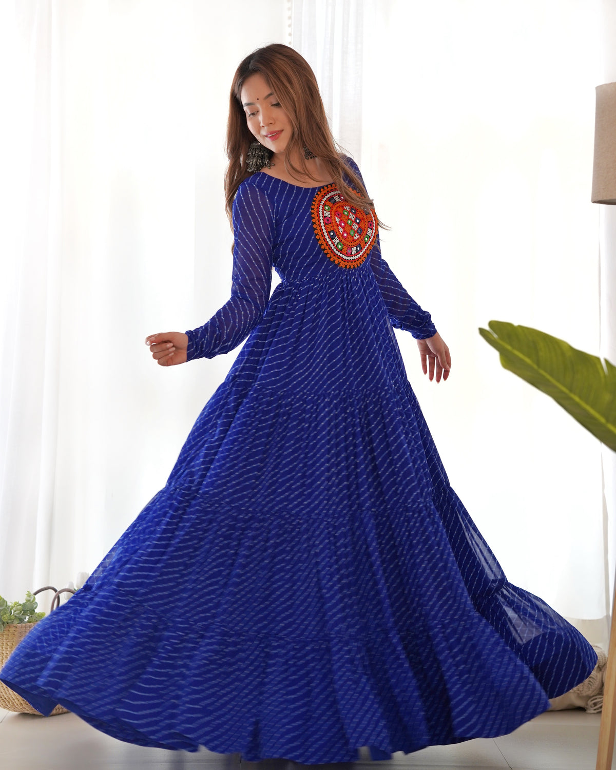 Royal Blue Laheriya Print 7 Meter Flair Anarkali Gown