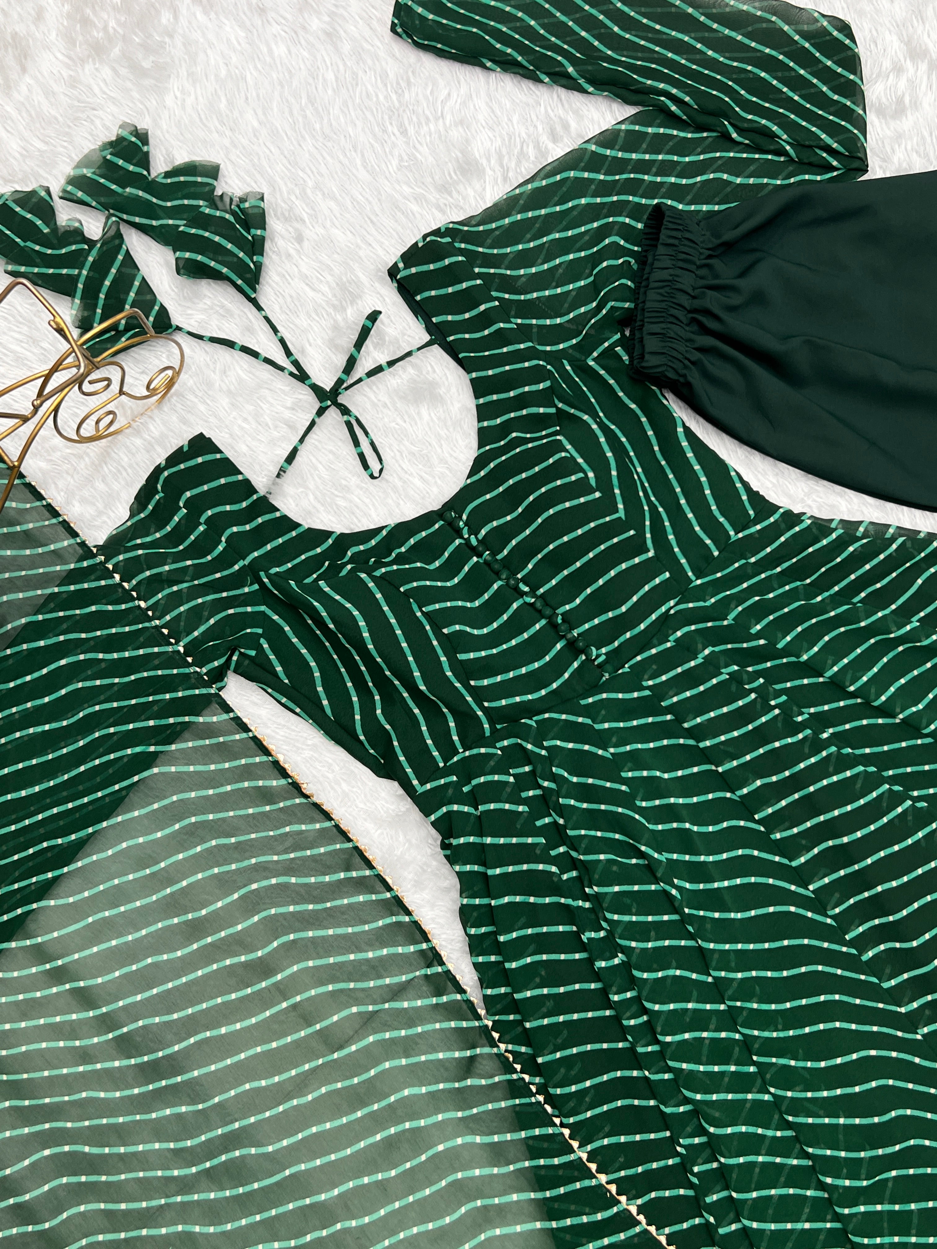 Emerald Green Laheriya Print Fox Georgette Anarkali Suit Set with Dupatta & Pant