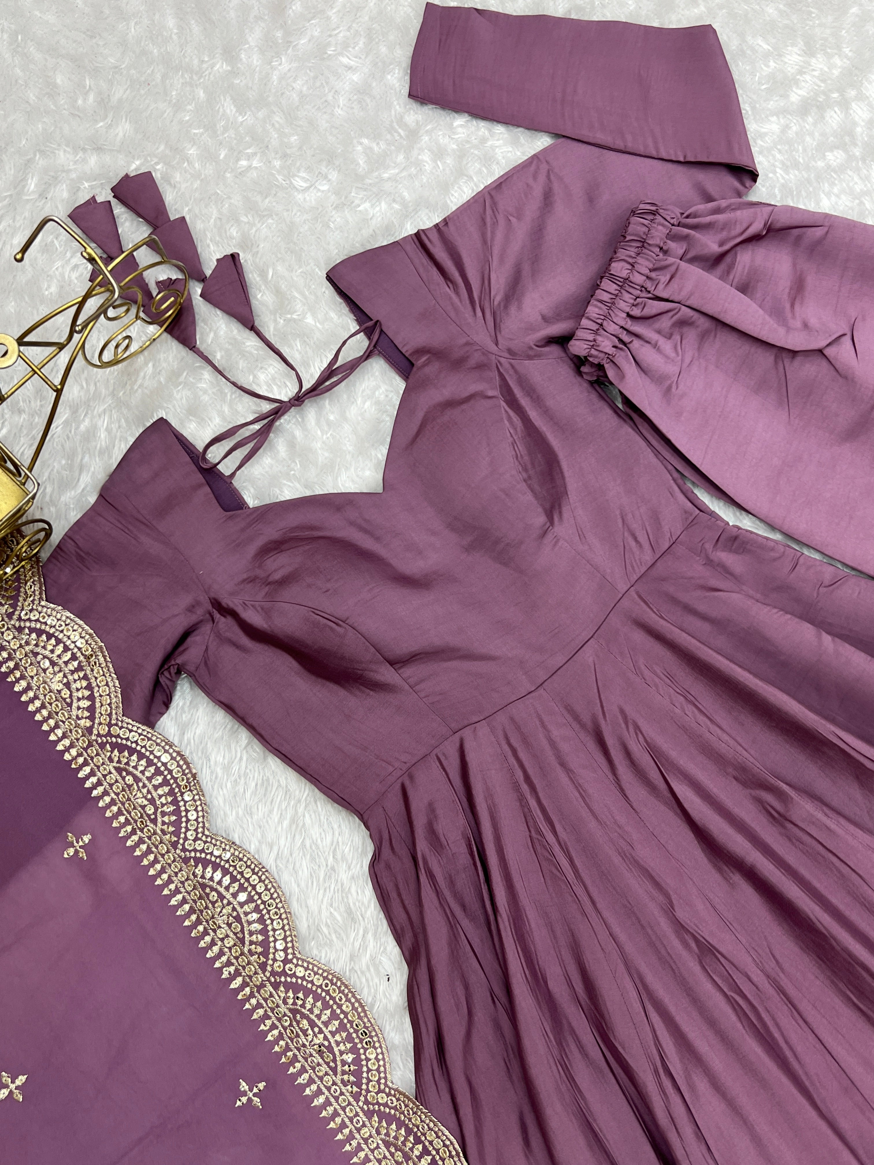 Mauve Pink Anarkali Gown Dupatta Pant Set