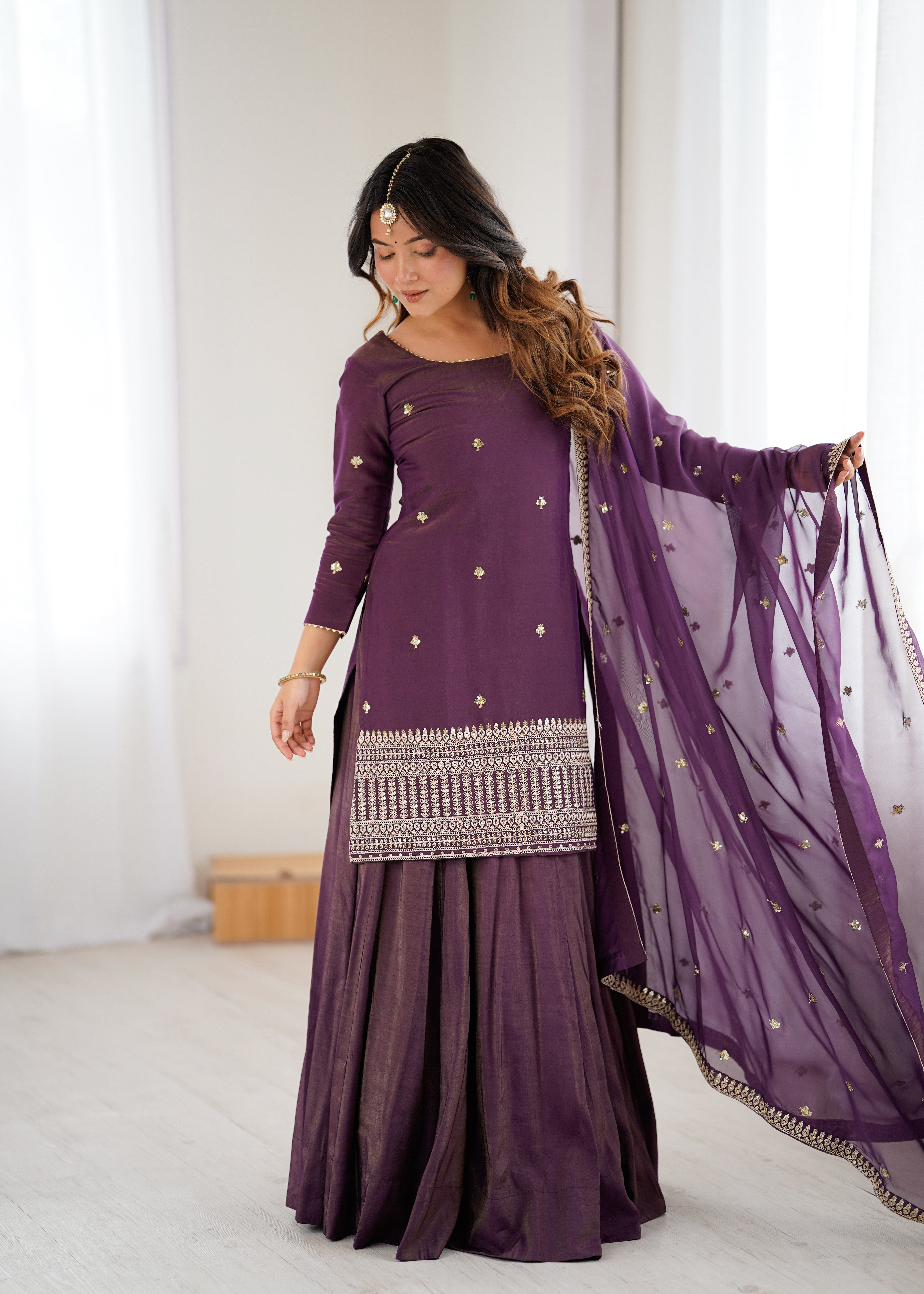 Premium Roman Shimmer Chanderi Silk Kurta Lehenga Dupatta Set for Women | Nardev Fashion