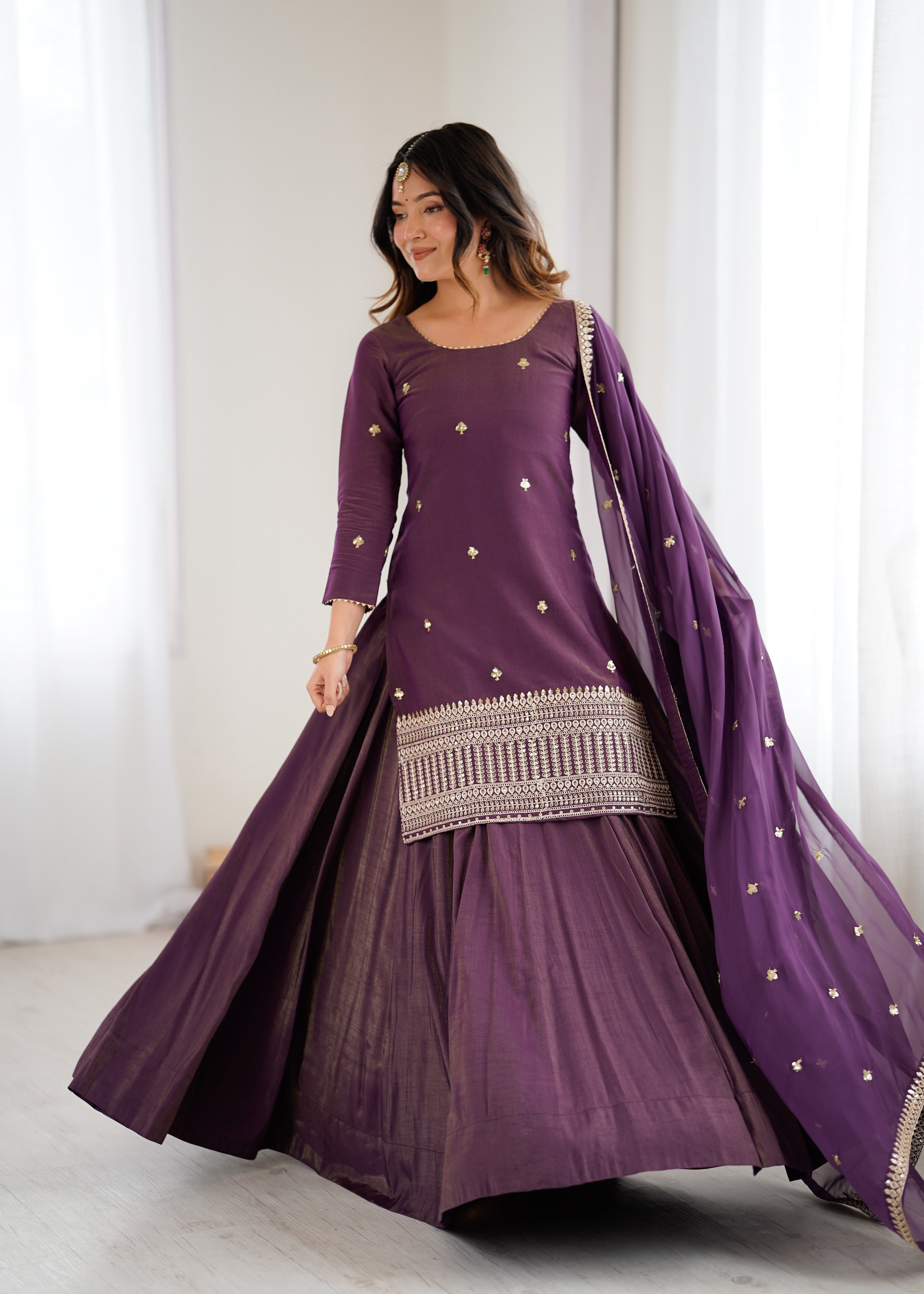 Premium Roman Shimmer Chanderi Silk Kurta Lehenga Dupatta Set for Women | Nardev Fashion