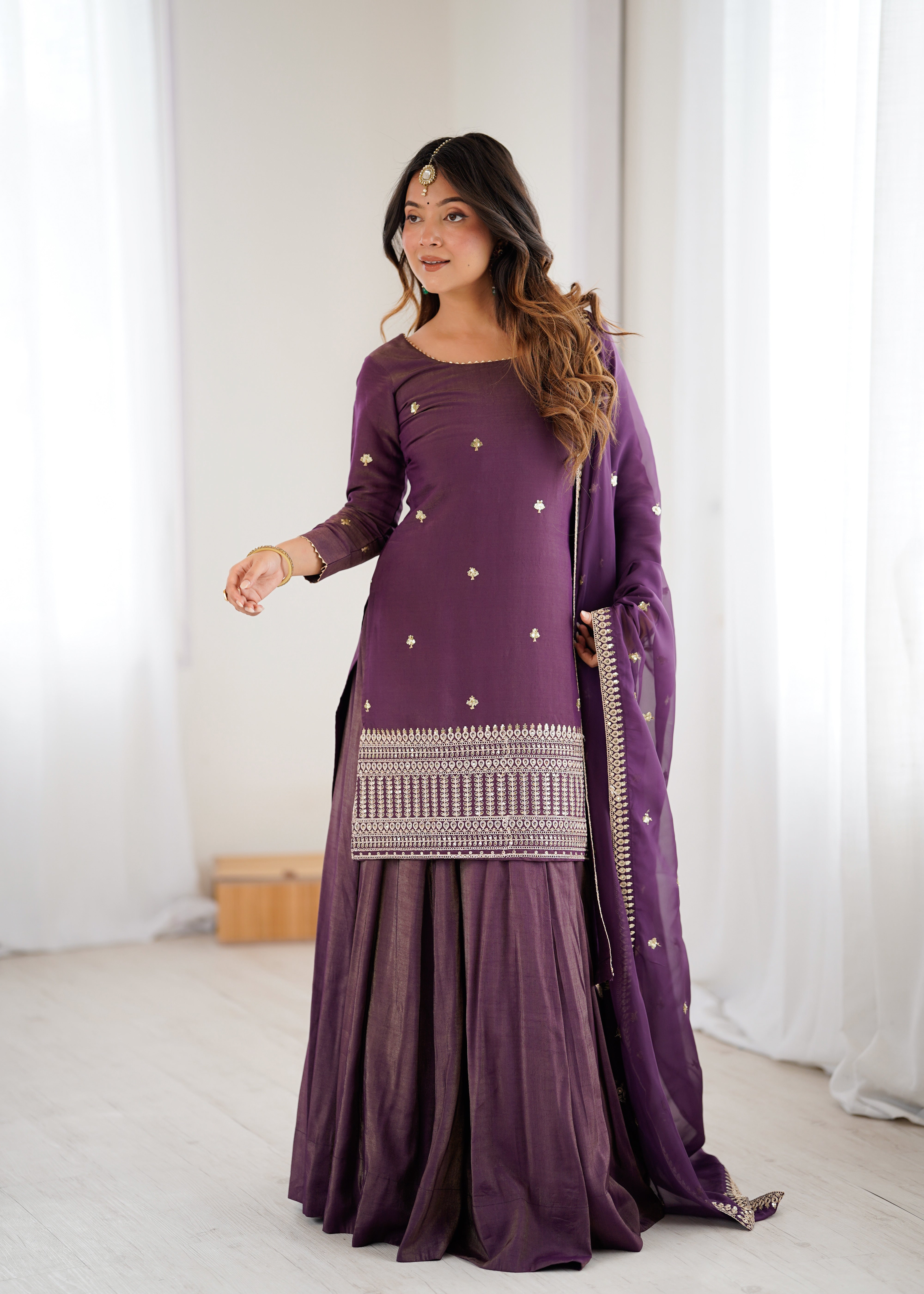 Premium Roman Shimmer Chanderi Silk Kurta Lehenga Dupatta Set for Women | Nardev Fashion
