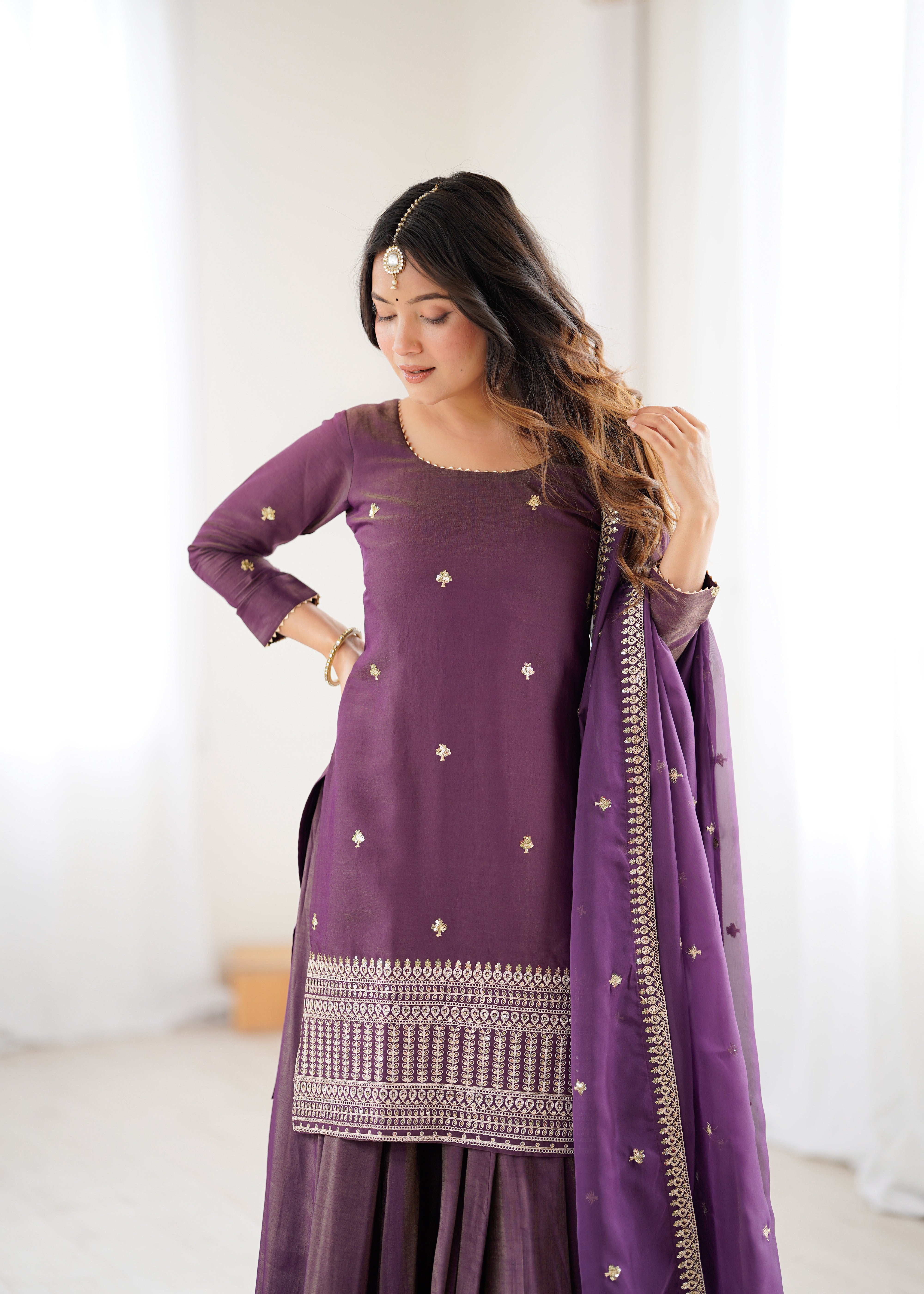Premium Roman Shimmer Chanderi Silk Kurta Lehenga Dupatta Set for Women | Nardev Fashion