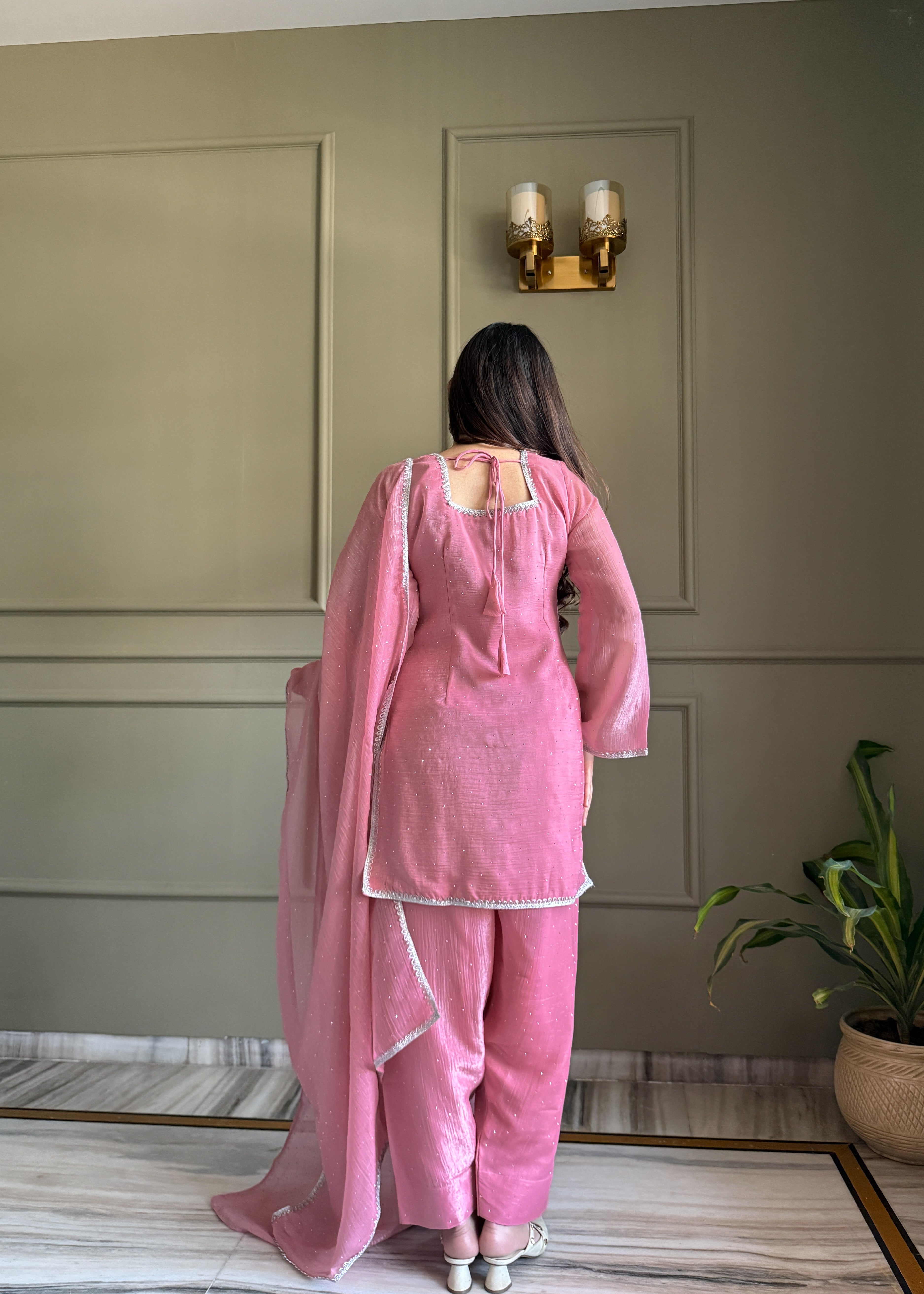 Pink Farshi Salwar Suit in Crunchy Silk with Sirovski Work| Nardev Fashion Brand