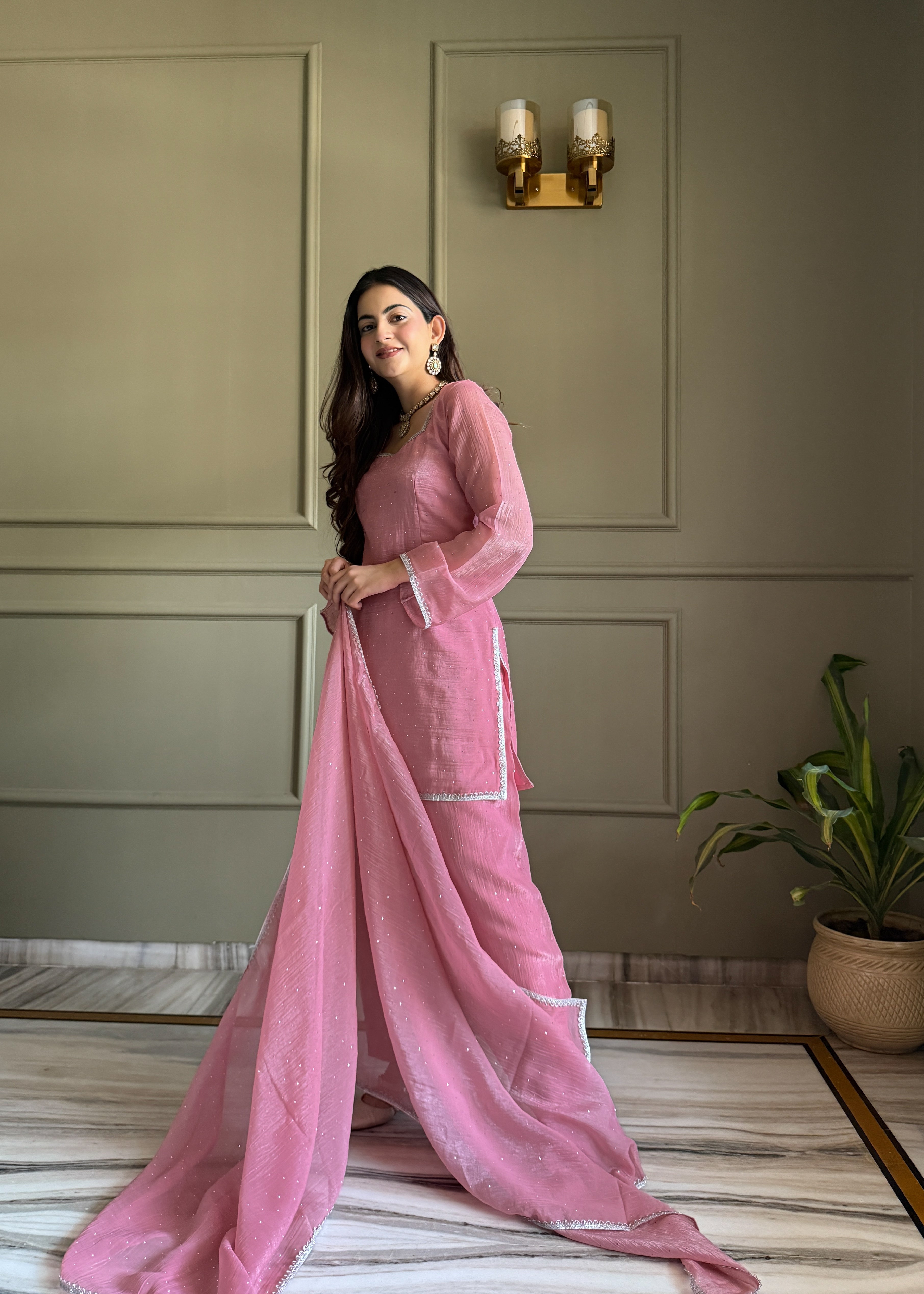 Pink Farshi Salwar Suit in Crunchy Silk with Sirovski Work| Nardev Fashion Brand