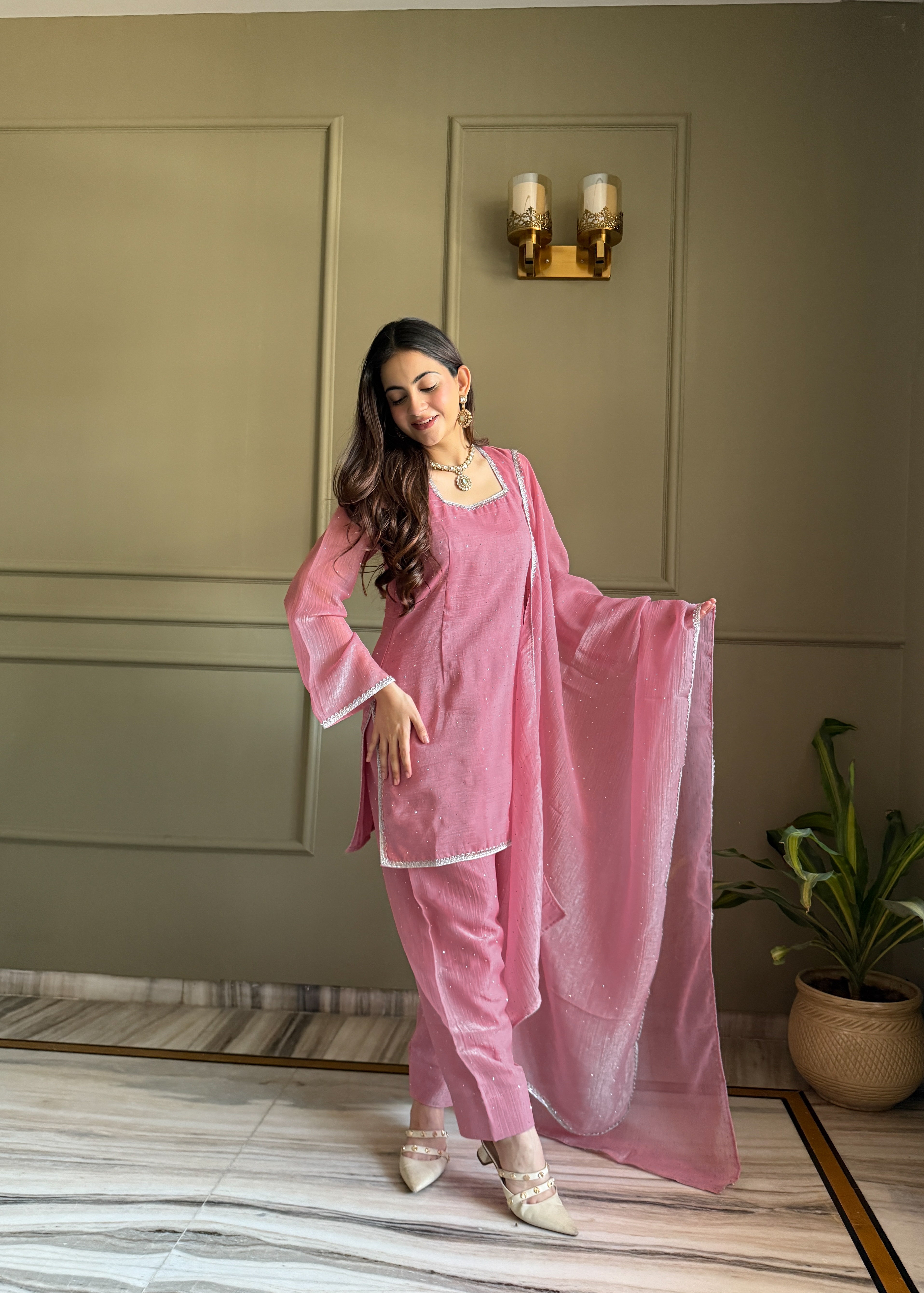 Pink Farshi Salwar Suit in Crunchy Silk with Sirovski Work| Nardev Fashion Brand