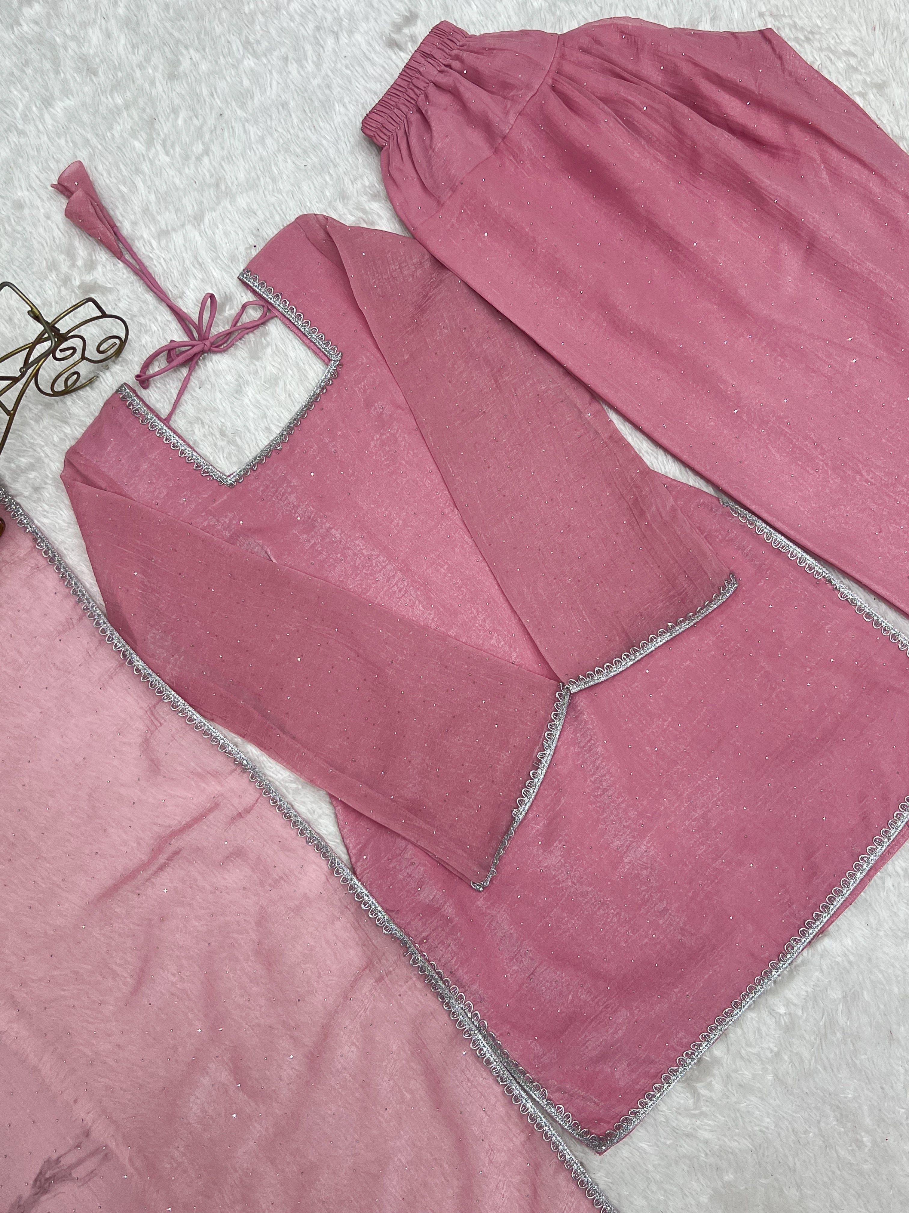 Pink Farshi Salwar Suit in Crunchy Silk with Sirovski Work| Nardev Fashion Brand