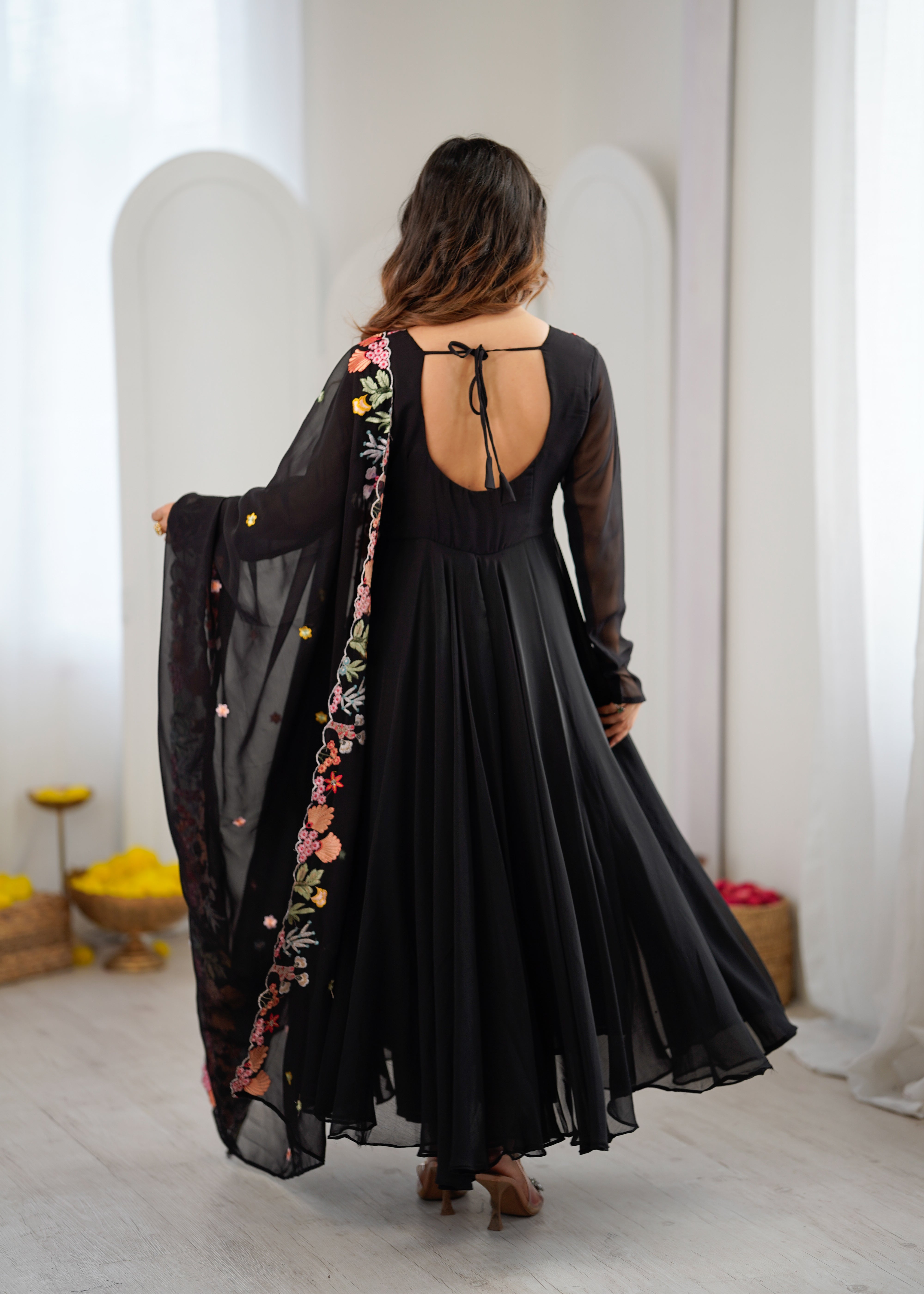 Classic Black Faux Georgette Embroidered Anarkali Gown Set with Dupatta