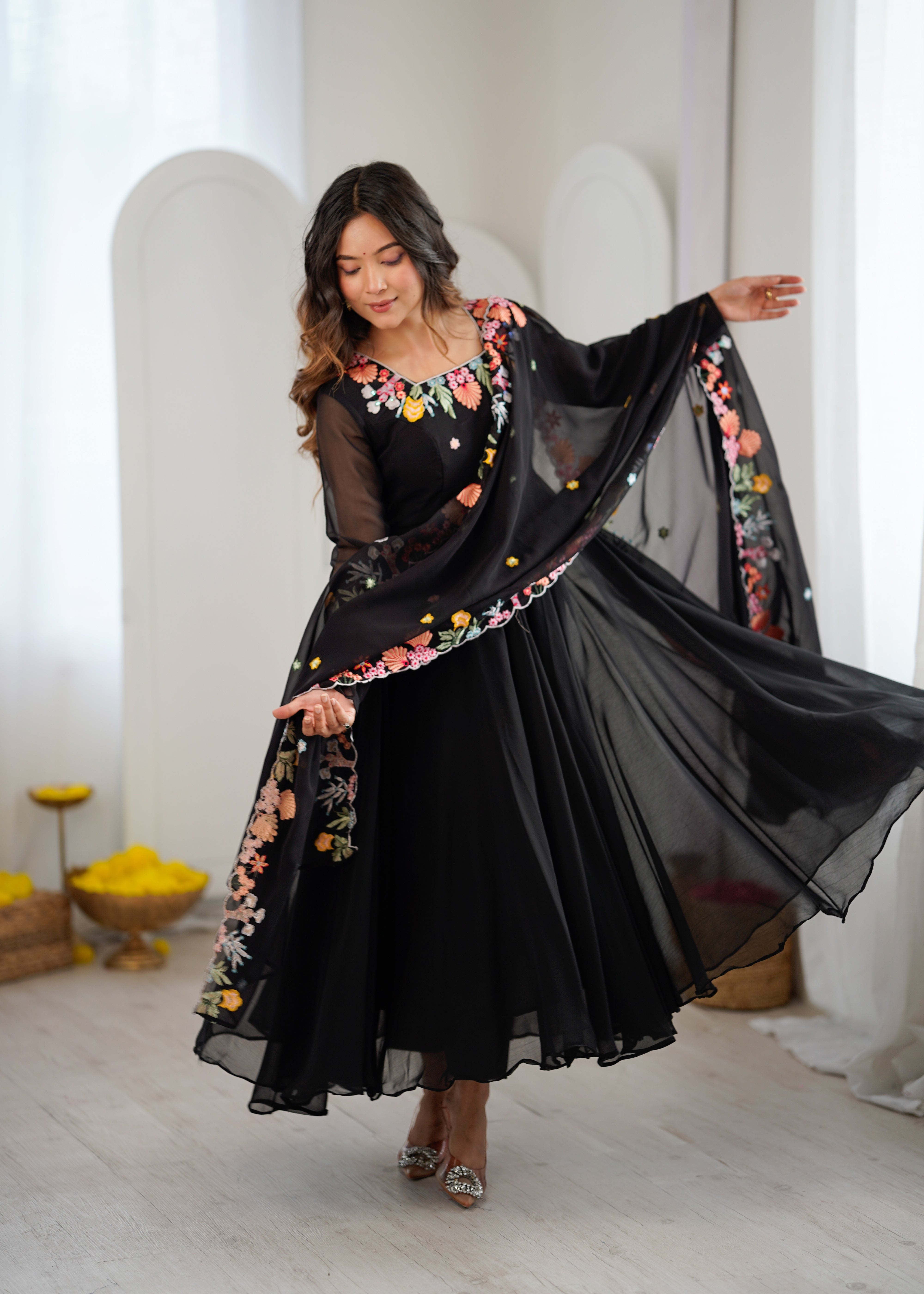Classic Black Faux Georgette Embroidered Anarkali Gown Set with Dupatta
