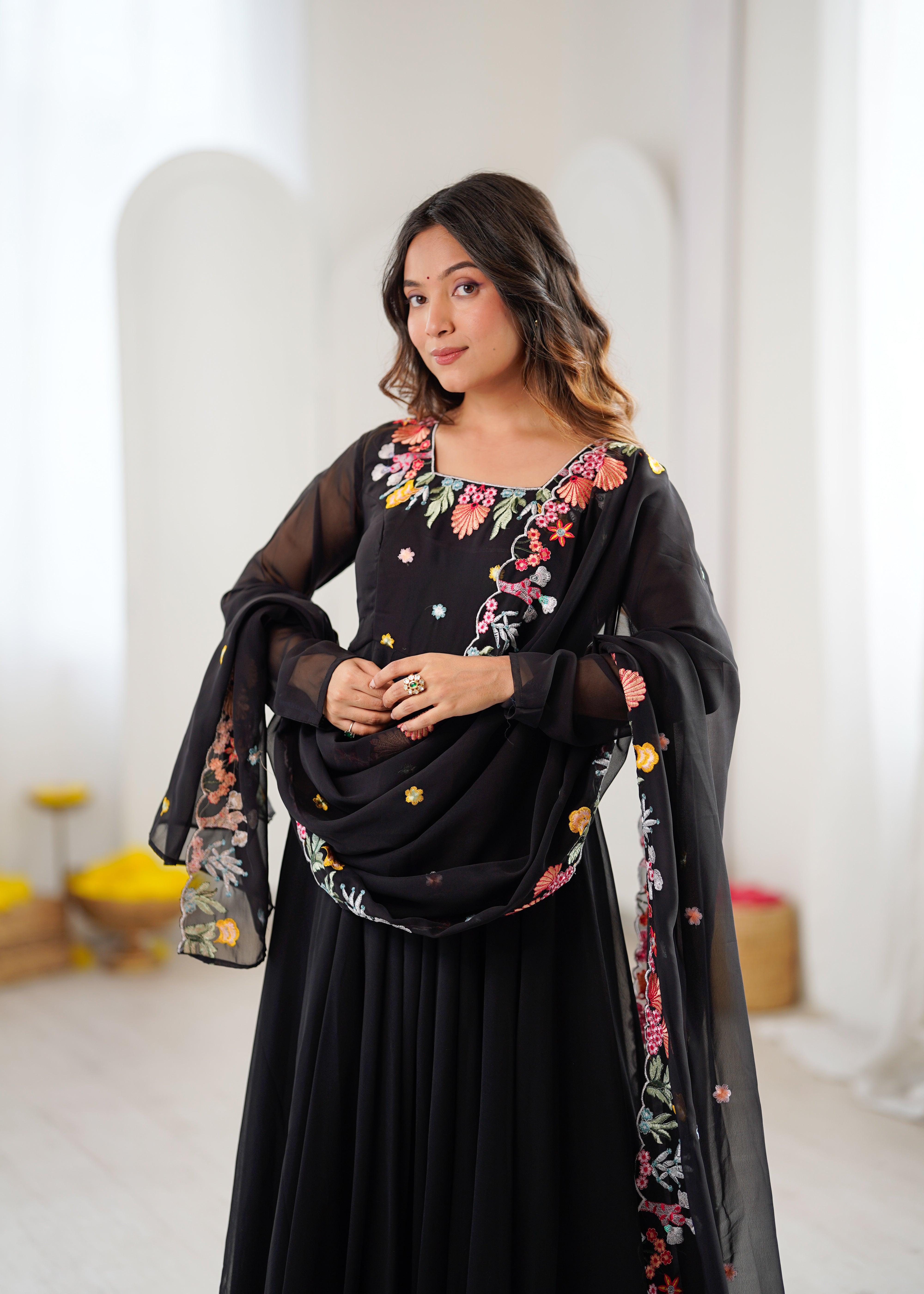 Classic Black Faux Georgette Embroidered Anarkali Gown Set with Dupatta