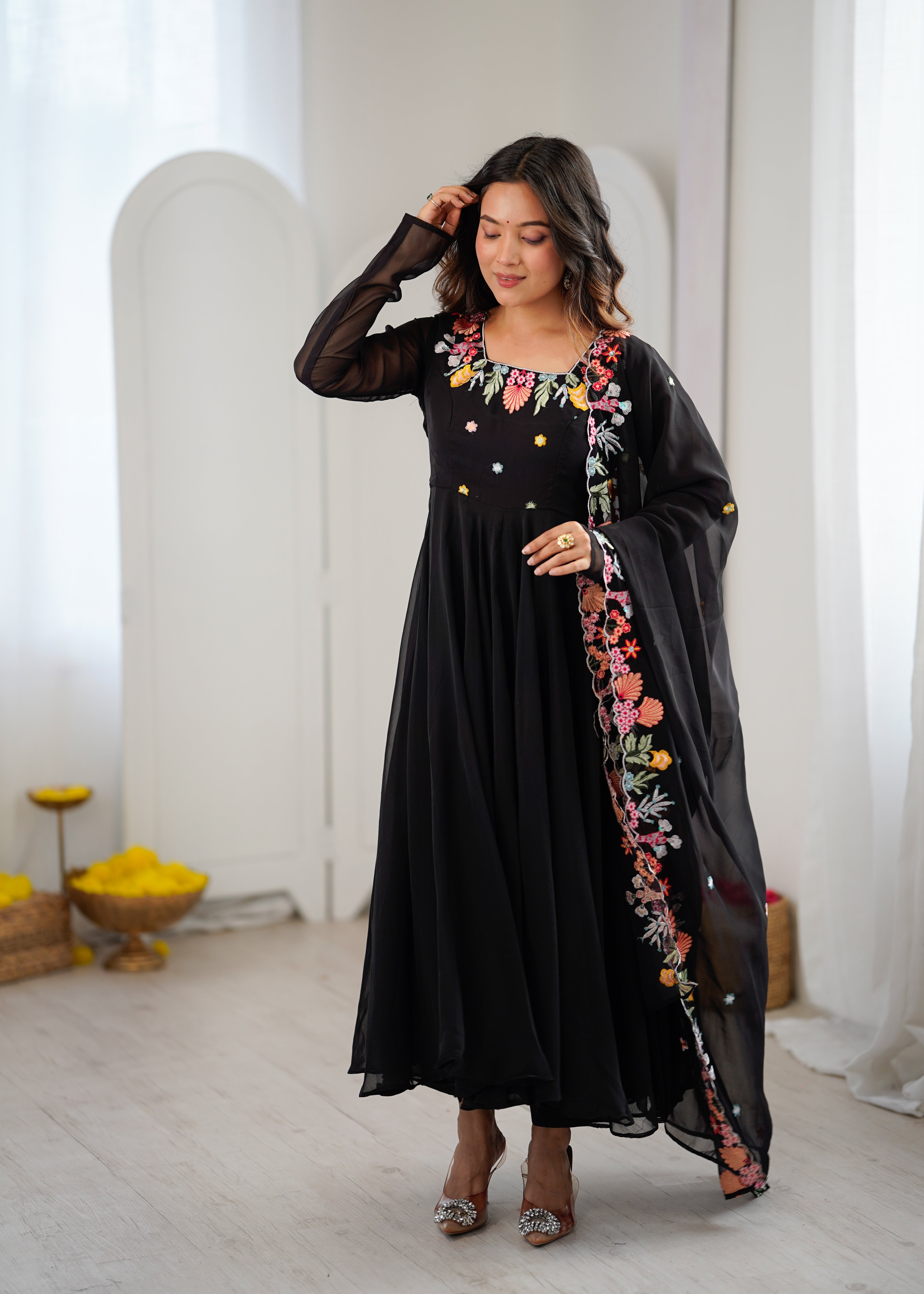 Classic Black Faux Georgette Embroidered Anarkali Gown Set with Dupatta