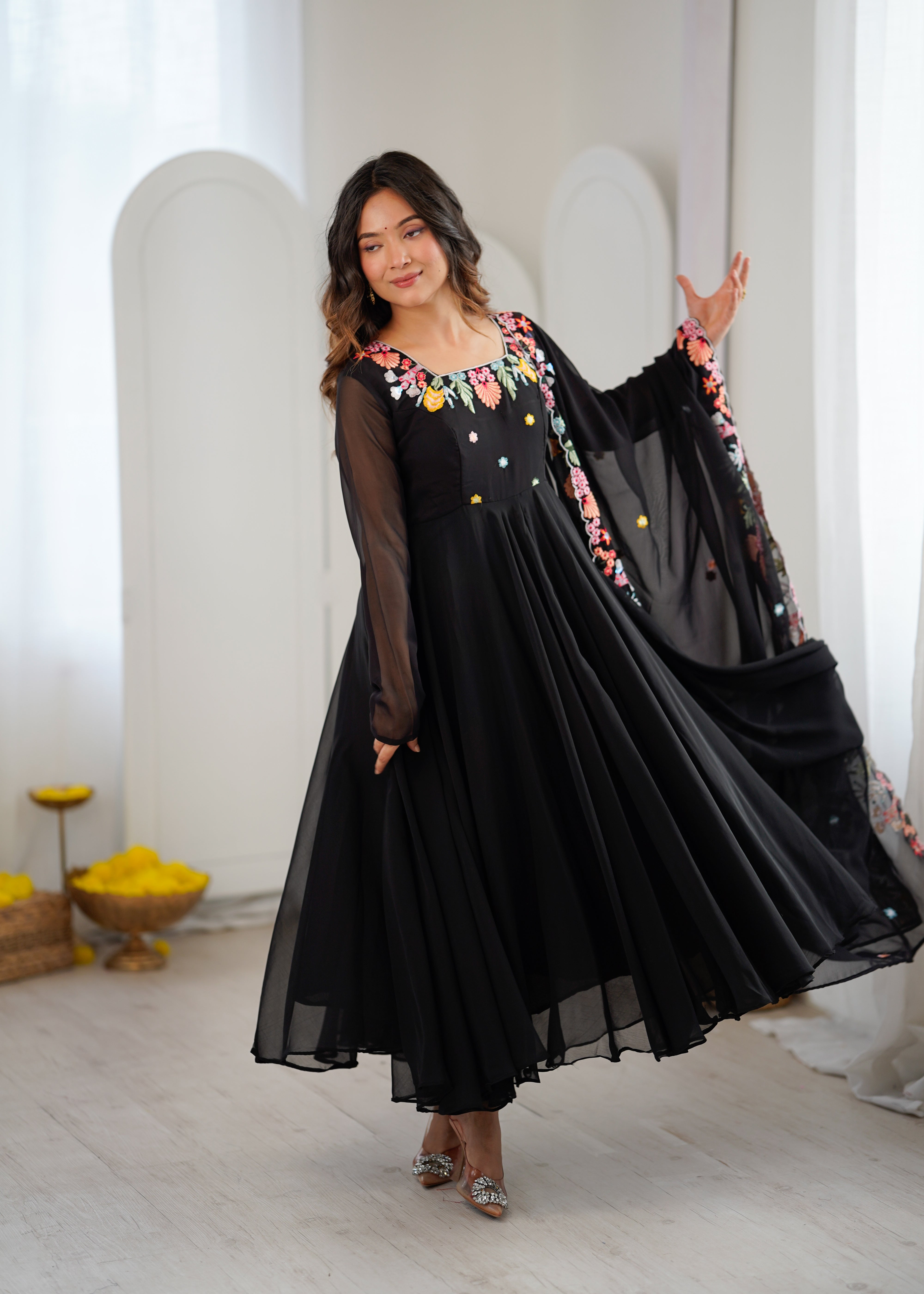 Classic Black Faux Georgette Embroidered Anarkali Gown Set with Dupatta