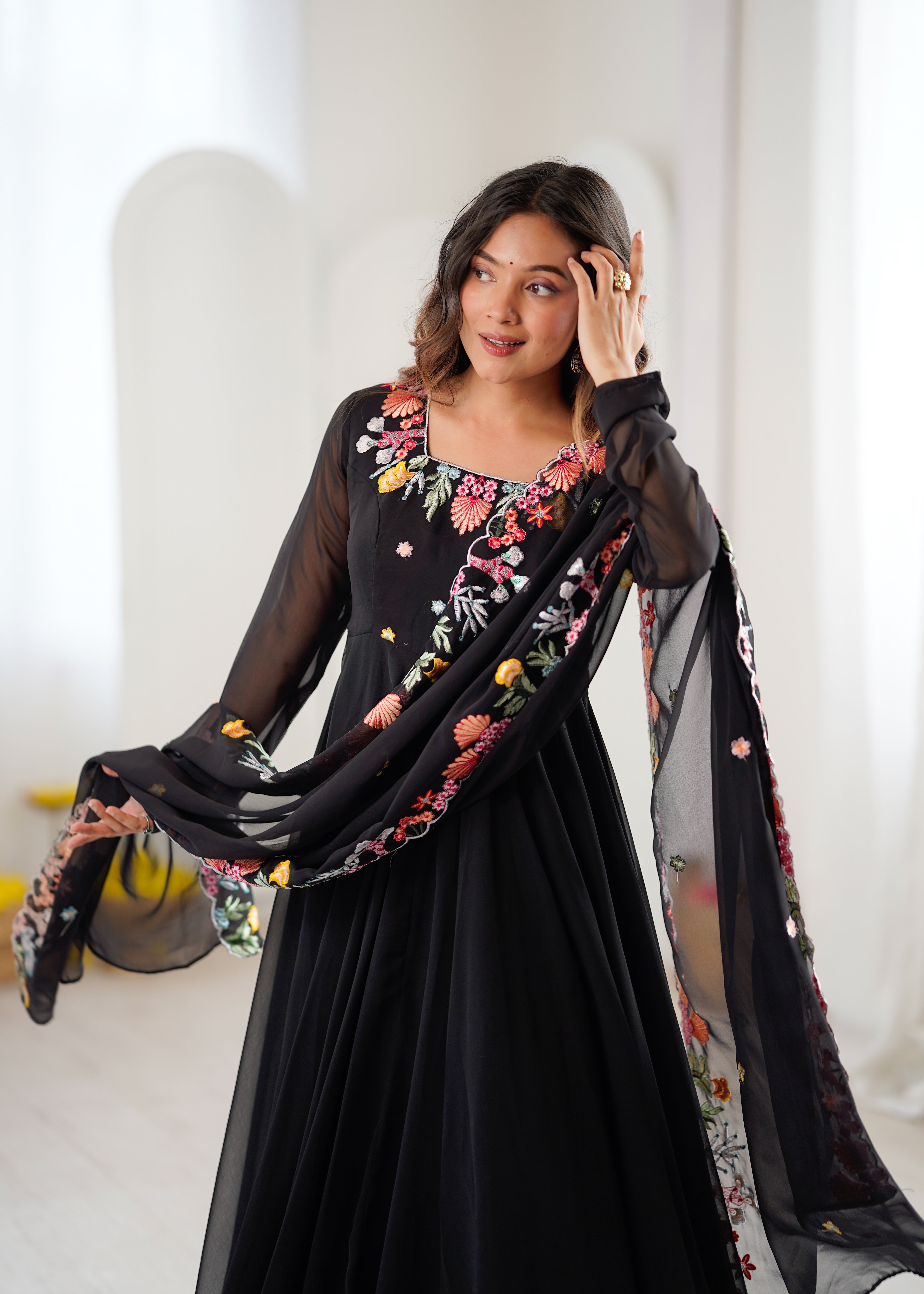 Classic Black Faux Georgette Embroidered Anarkali Gown Set with Dupatta