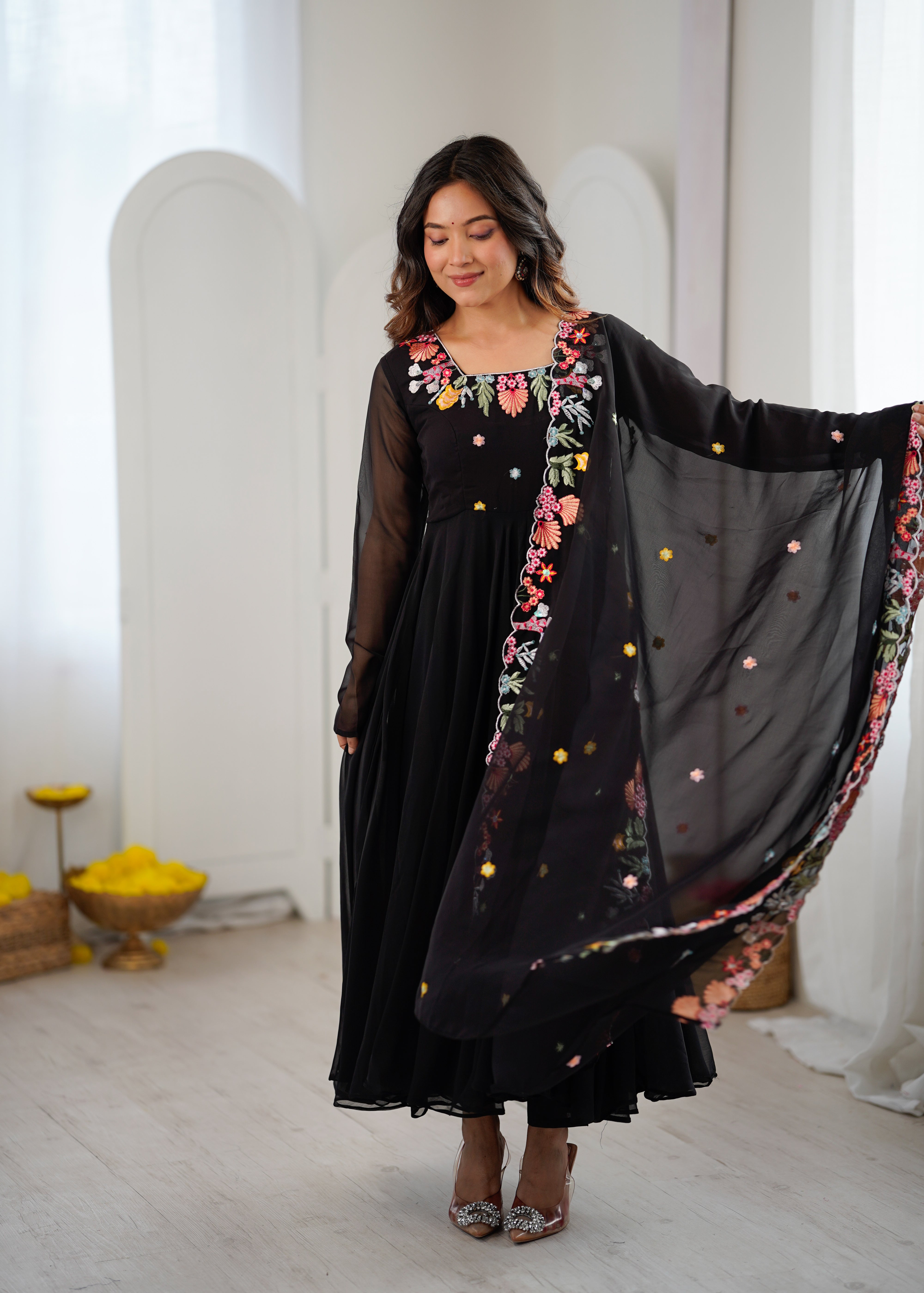 Classic Black Faux Georgette Embroidered Anarkali Gown Set with Dupatta