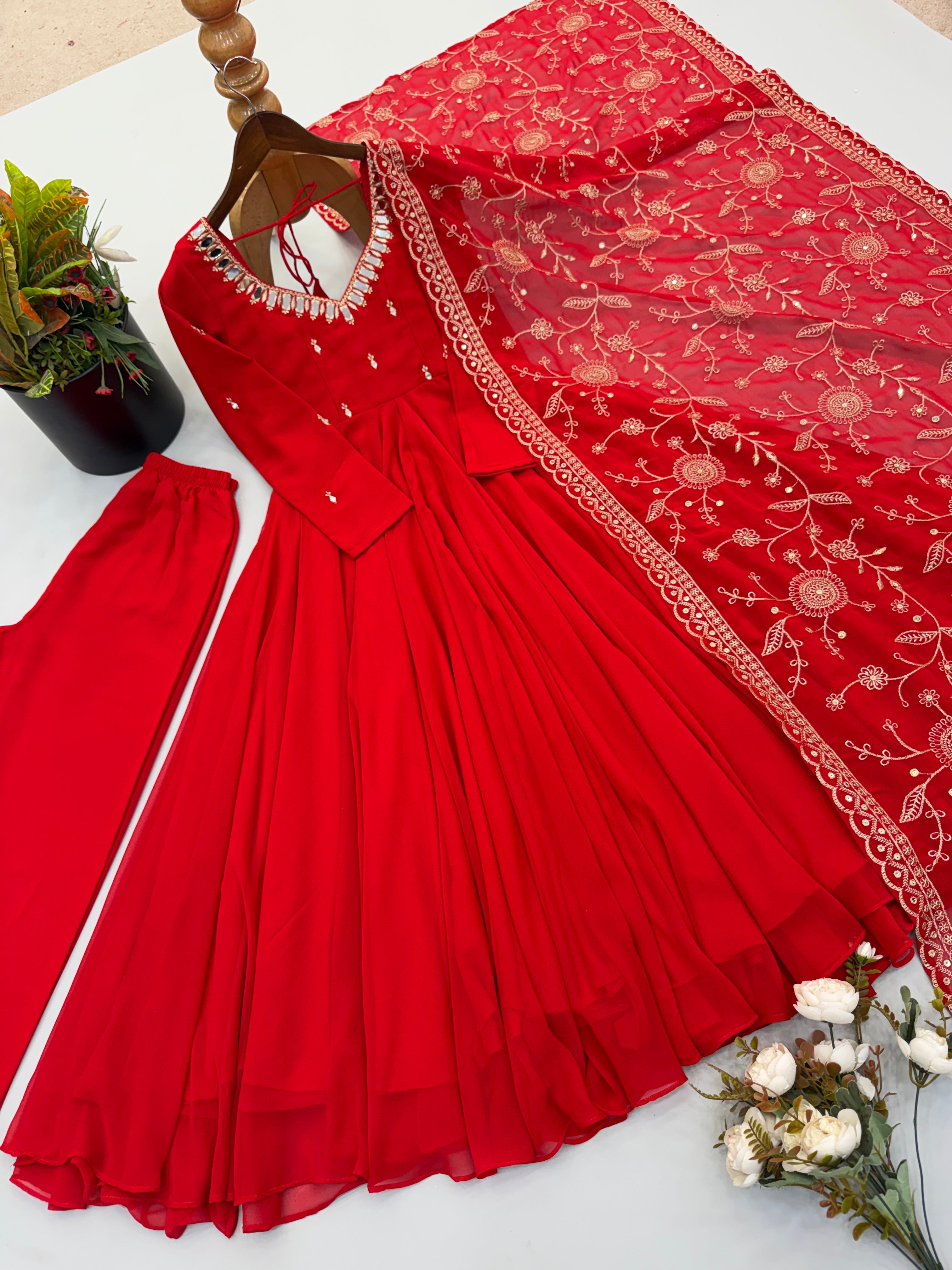 Ruby Red Faux Georgette Designer Anarkali Suit Set with Khatli Work, Real Mirror & Embroidered Dupatta